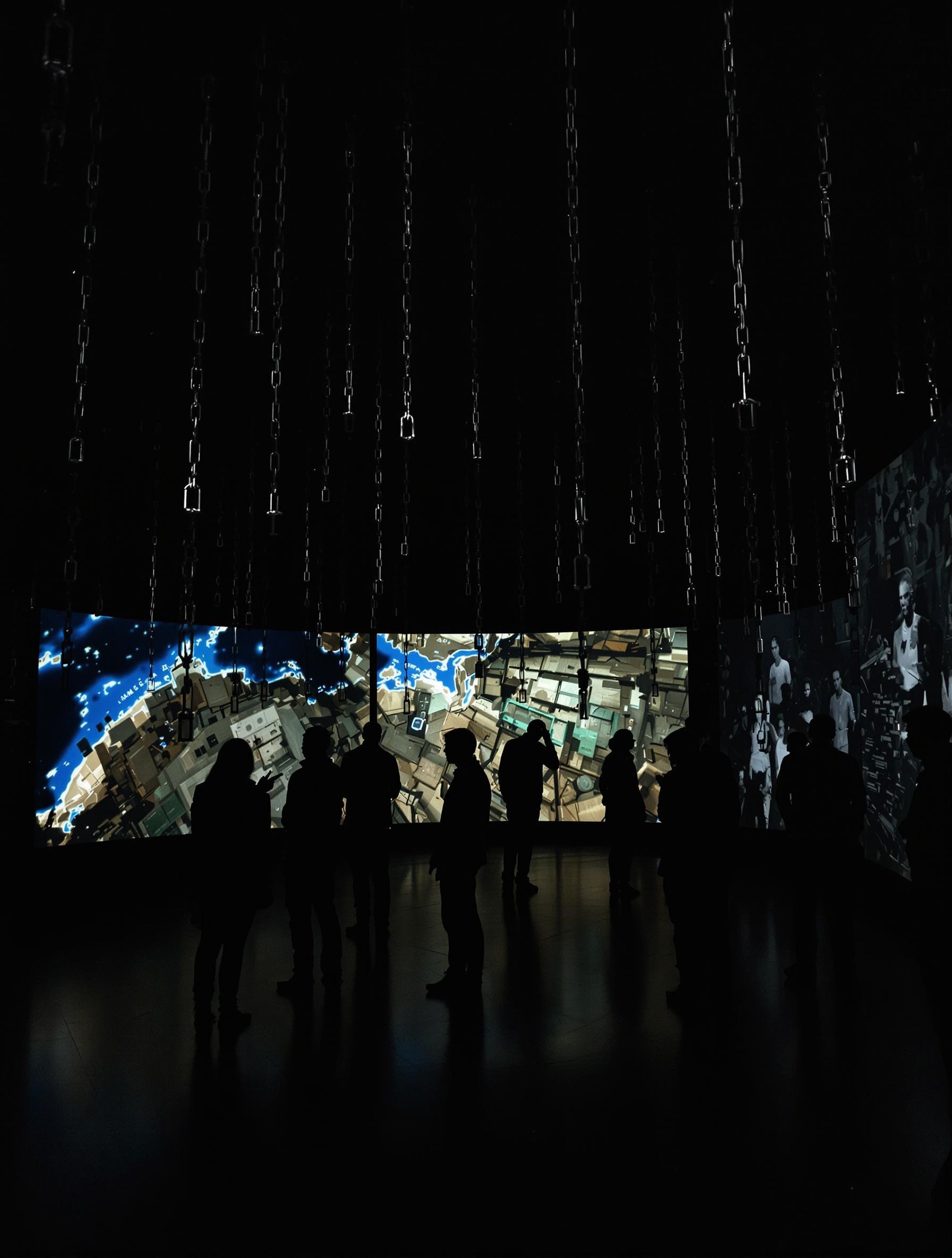 Salle immersive du Mémorial ACTe à Pointe-à-Pitre : visiteurs devant des installations multimédias et projections.