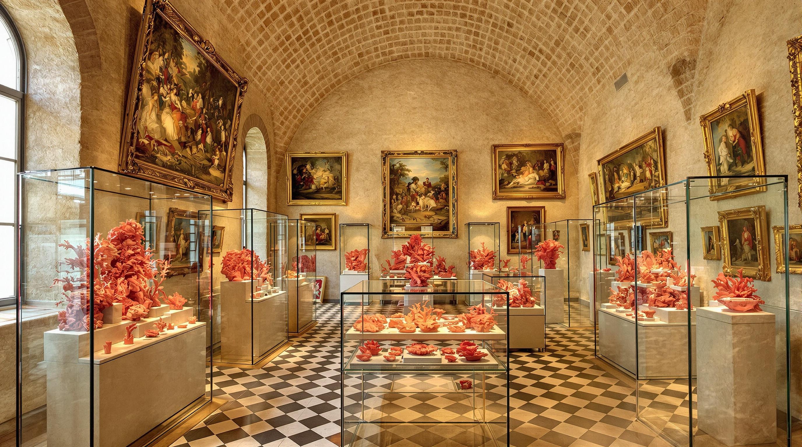 Salle du Musée Régional Pepoli à Trapani : vitrines de coraux rouges sculptés, tableaux anciens, ambiance couvent sicilien