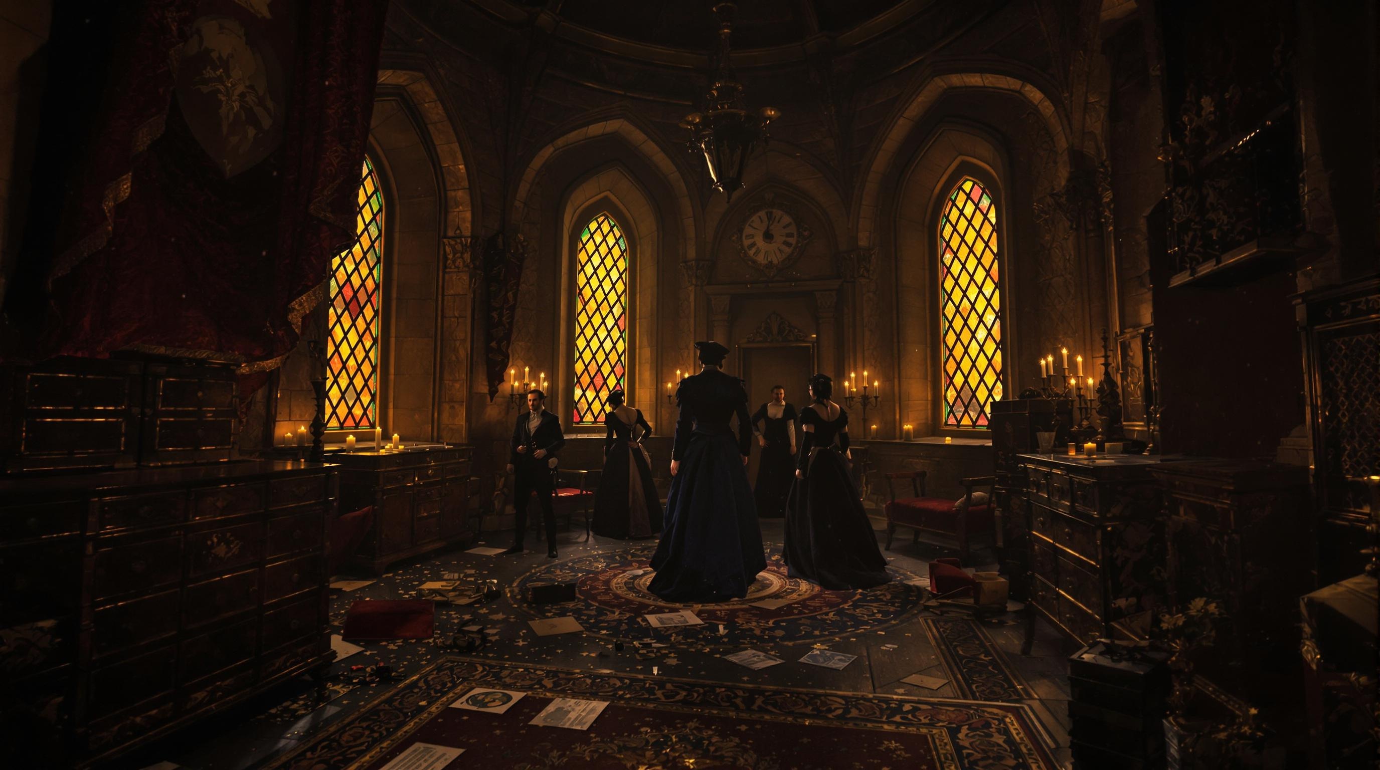 Salle mystérieuse d’un château Renaissance utilisée pour un escape game nocturne.