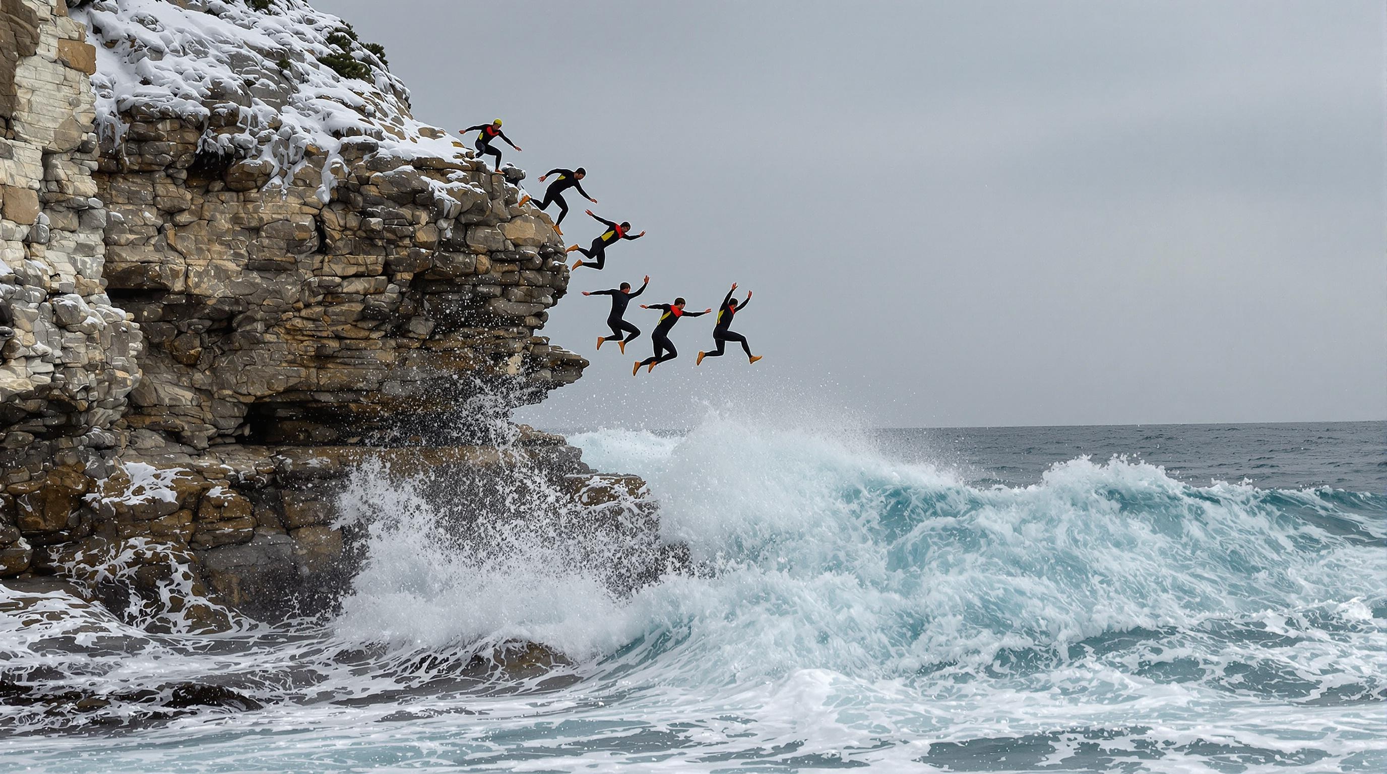 Participants en combinaison néoprène sautant du haut d’une falaise calcaire sur la côte de Solva.