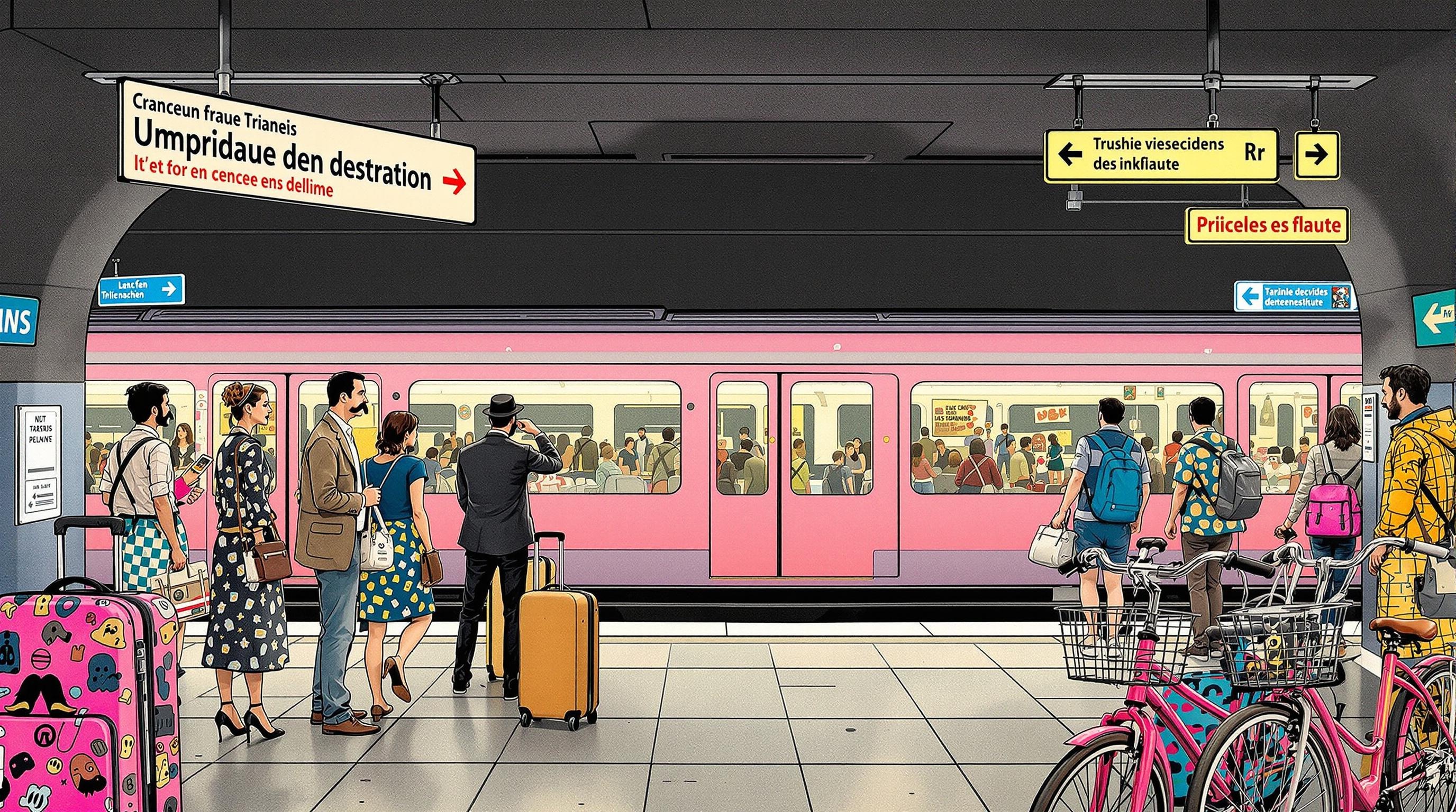 Scène absurde de voyageurs attendant le métro rose dans une station souterraine européenne improbable ; guides moustachus, valises bariolées, vélos roses et panneaux décalés indiquant des destinations insolites. Ambiance complice, lumière tamisée, style illustratif moderne.