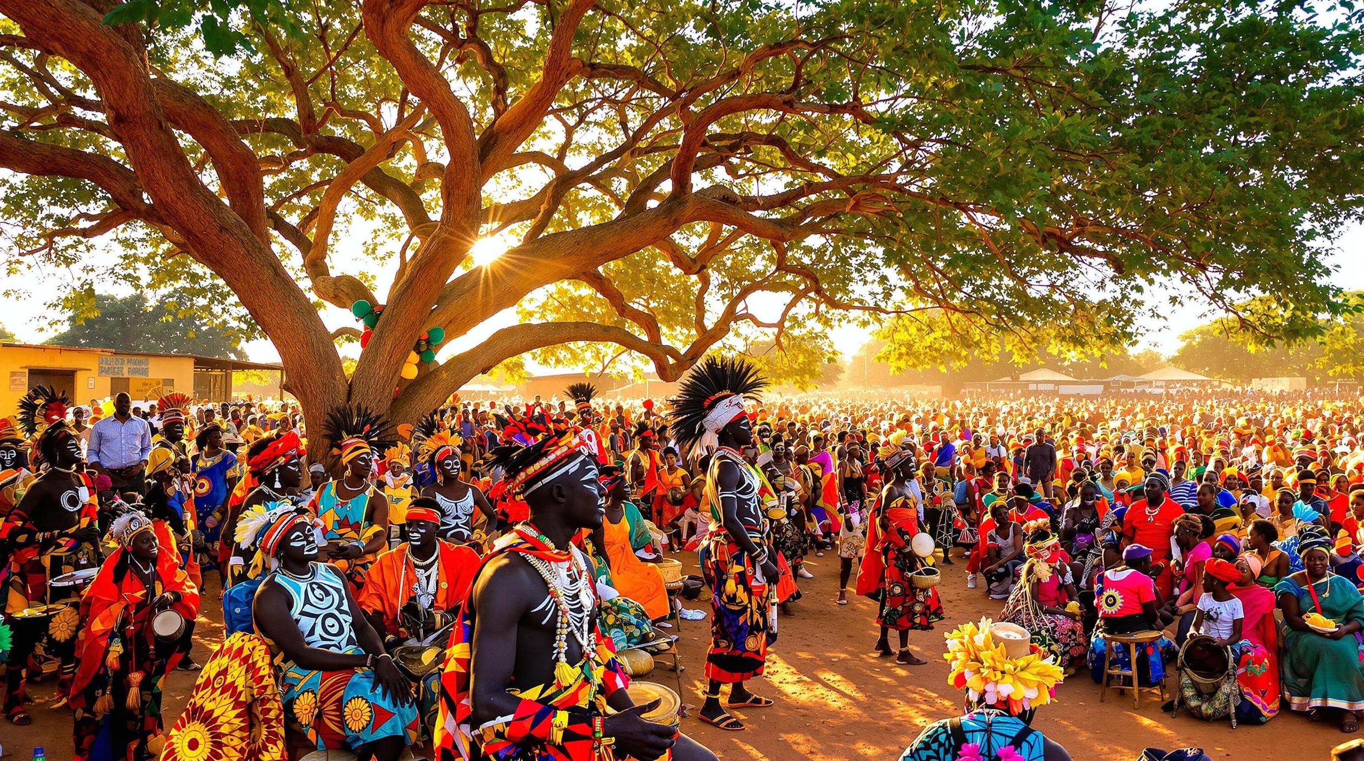 Scène colorée festival tribal africain Surma Omo griots Mali festival masques public distant respectueux