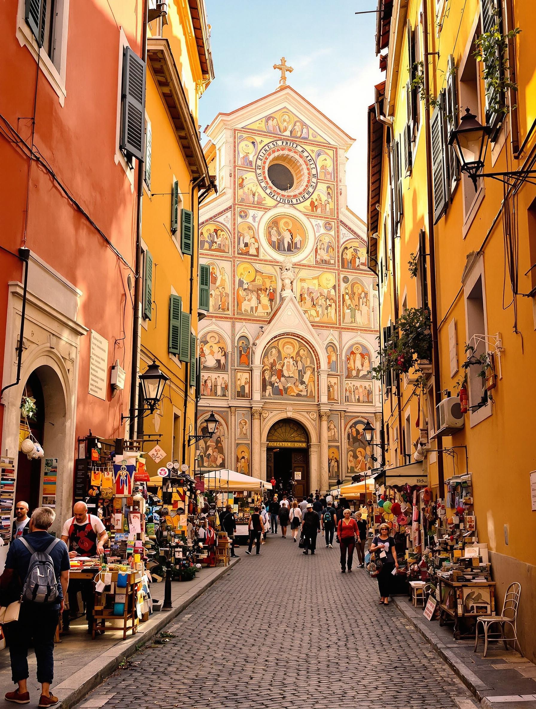 Scène de rue animée à Trastevere, Rome : ruelles pavées, mosaïques anciennes, marché local et artisans.