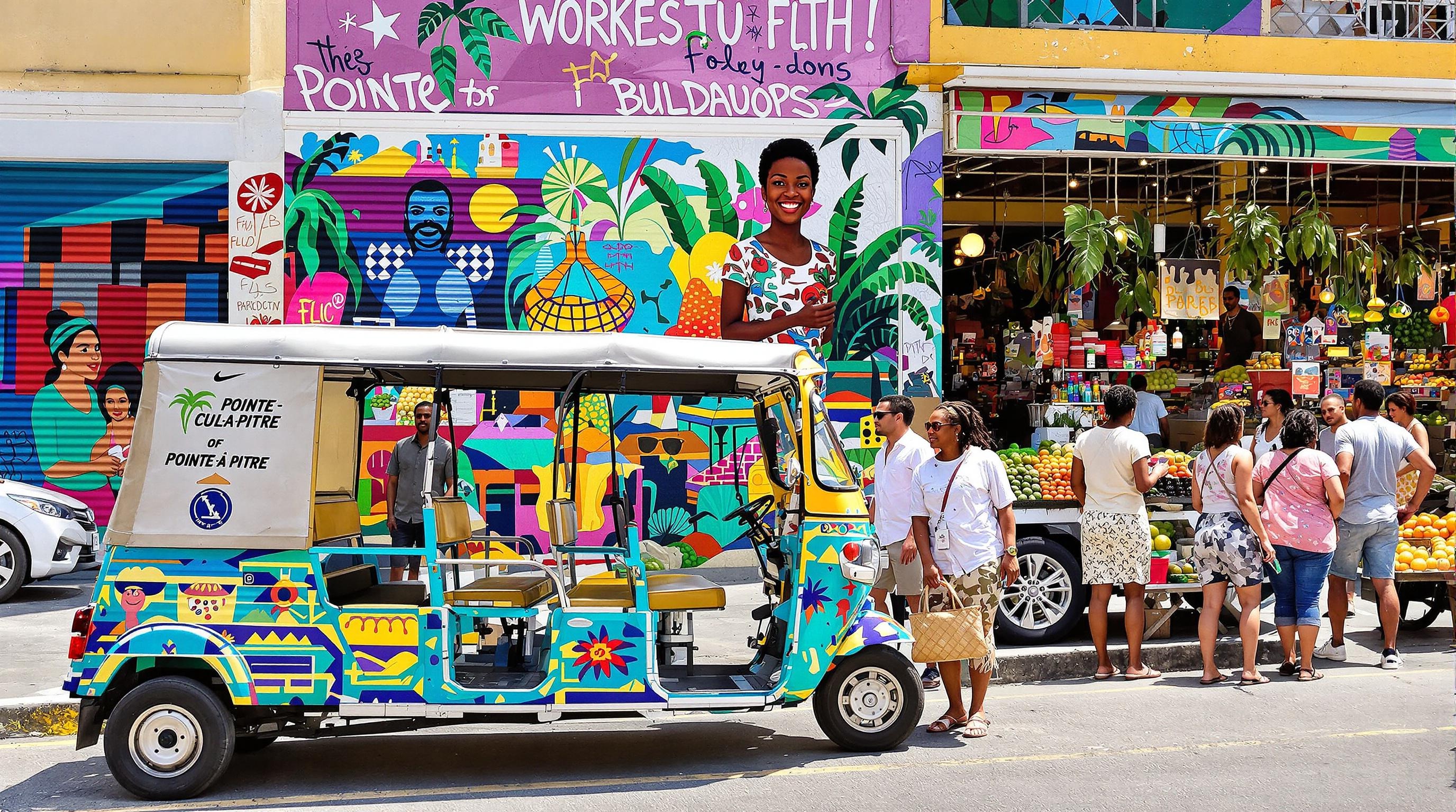 Scène urbaine authentique à Pointe-à-Pitre, Guadeloupe : tuk-tuk électrique devant des fresques de street art, marché coloré en arrière-plan, population locale et visiteurs échangeant des sourires.