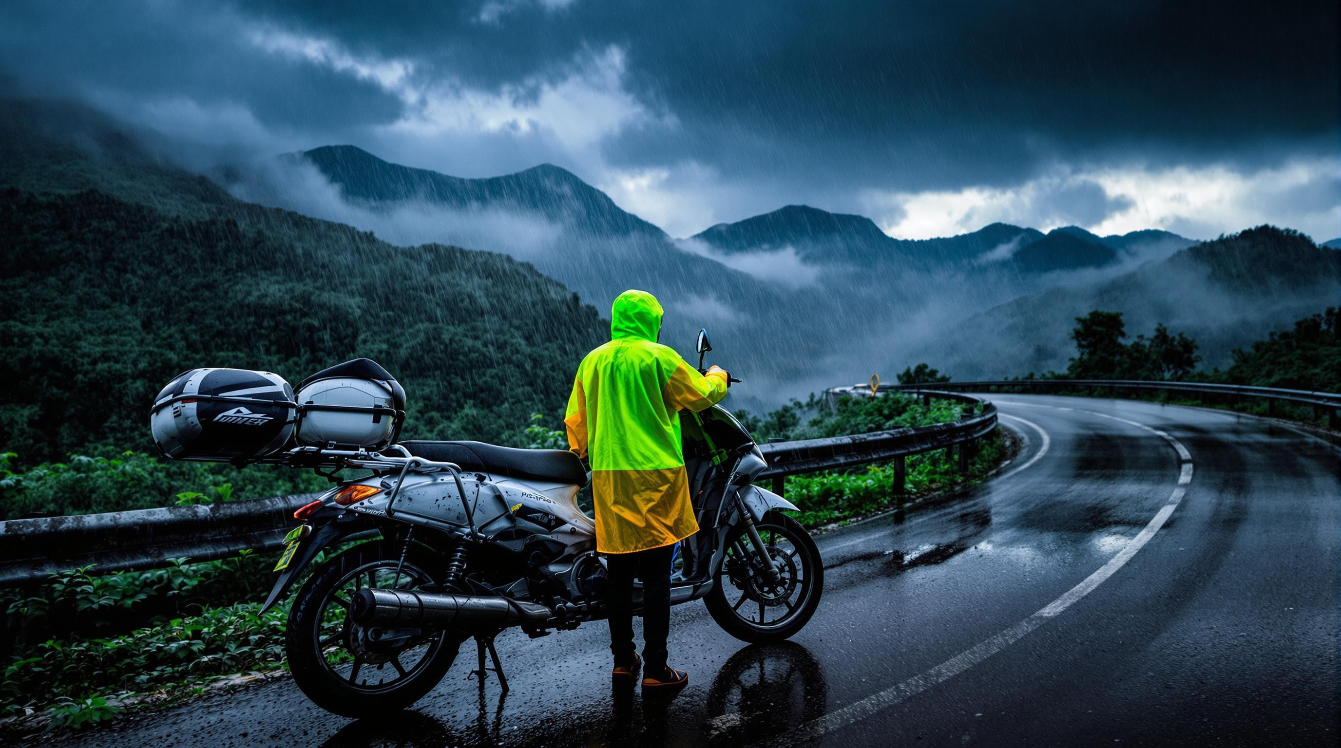 Scooter cabossé sur route sinueuse Chiang Mai Pai sous orage violent