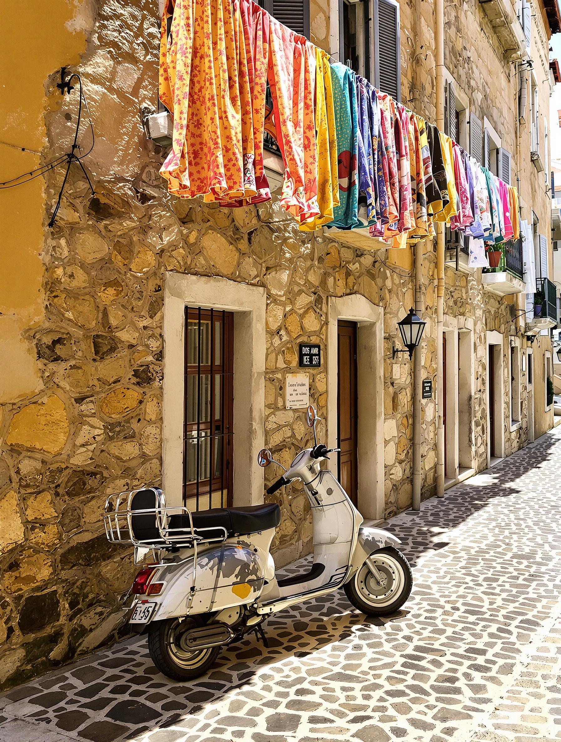 Un scooter vintage garé devant une ruelle typique de Trapani, pavés irréguliers, linge coloré suspendu aux fenêtres, ambiance soleil de début d'été.