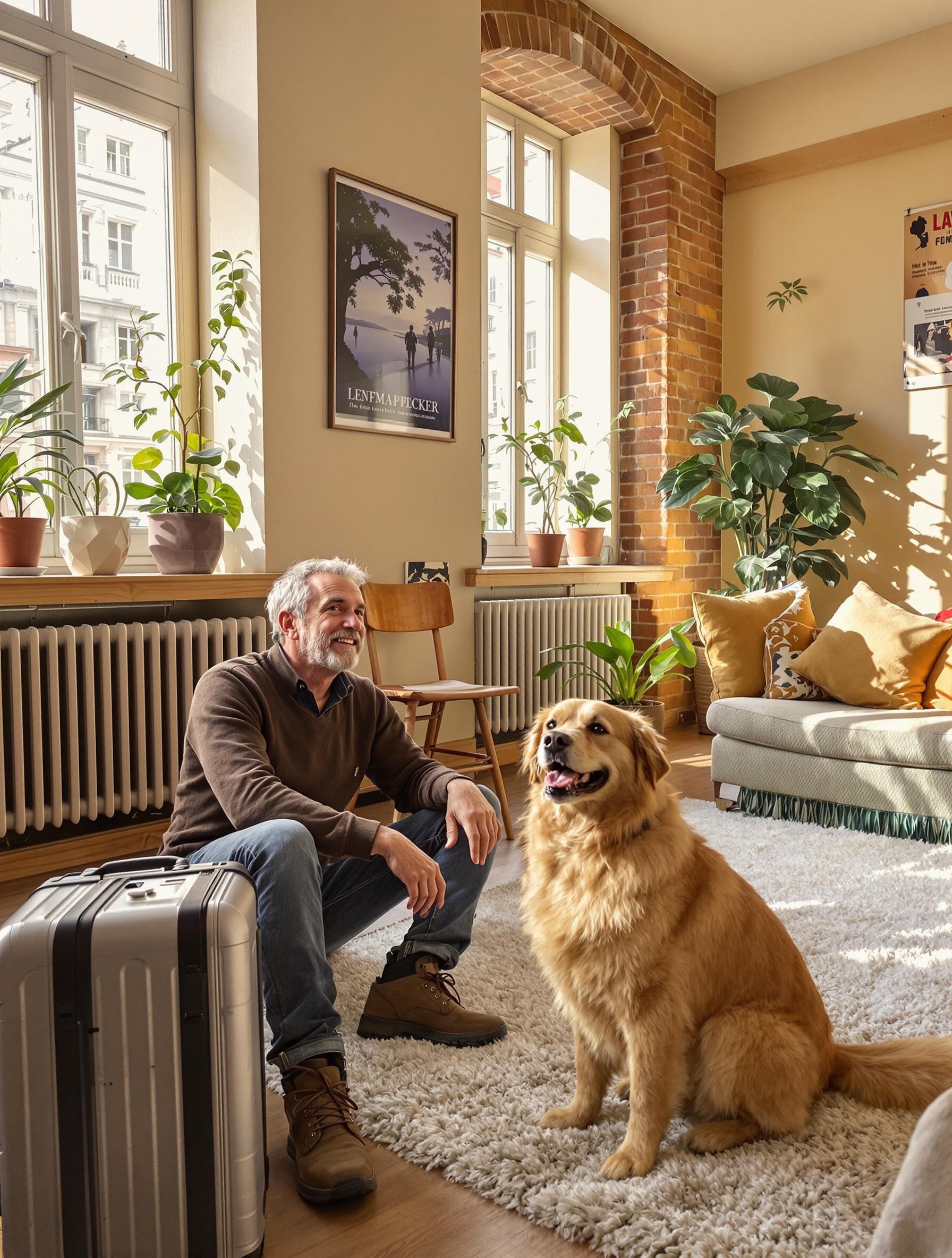 Senior gardant un chien dans une maison à Prague