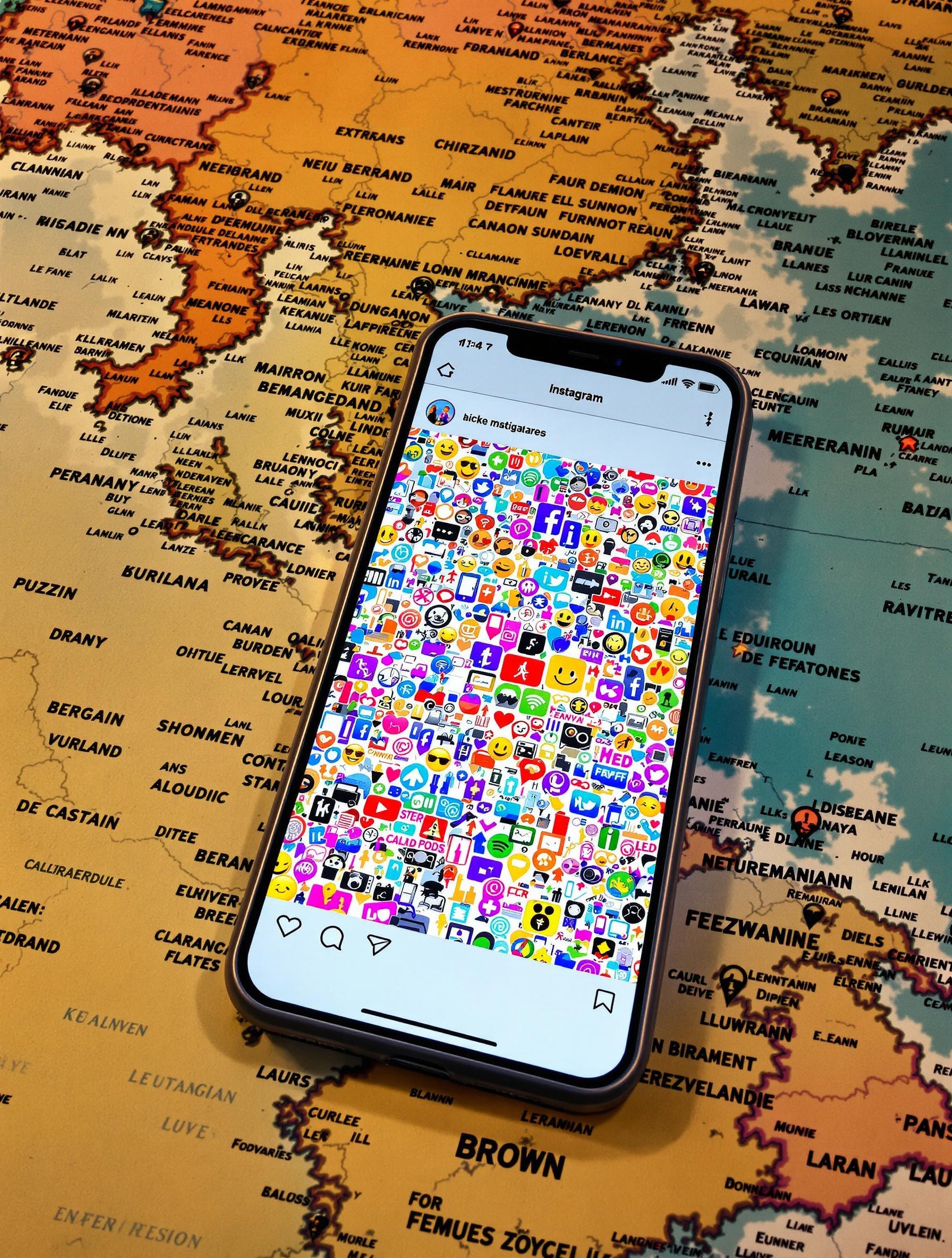 Smartphone saturé de hashtags et d’emojis, posé sur une carte du monde.
