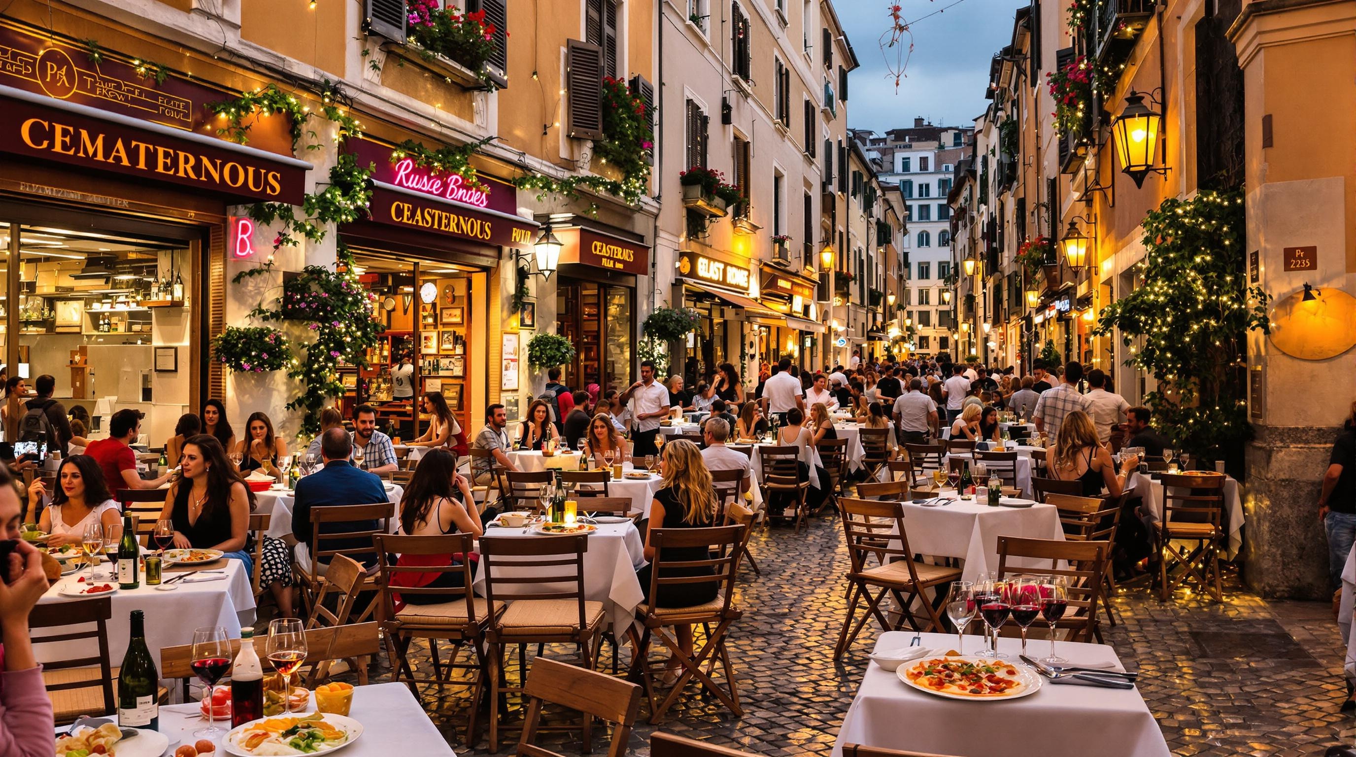 Scène animée de soirée à Trastevere : tables en terrasse, assiettes de pasta, pizzas, vins locaux, devantures typiques et foule bigarrée.