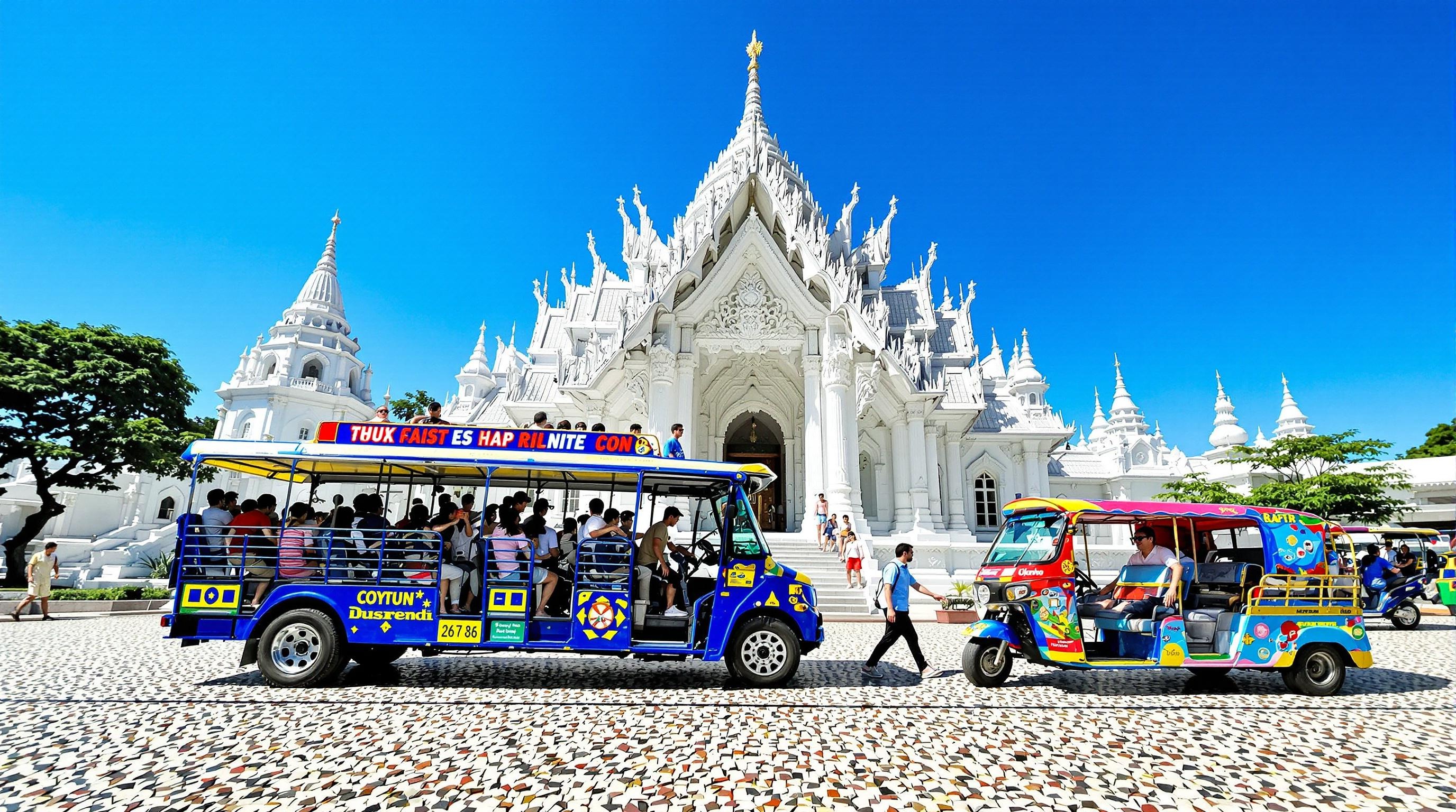 Songthaew bleu et tuk-tuk bariolé devant Wat Rong Khun