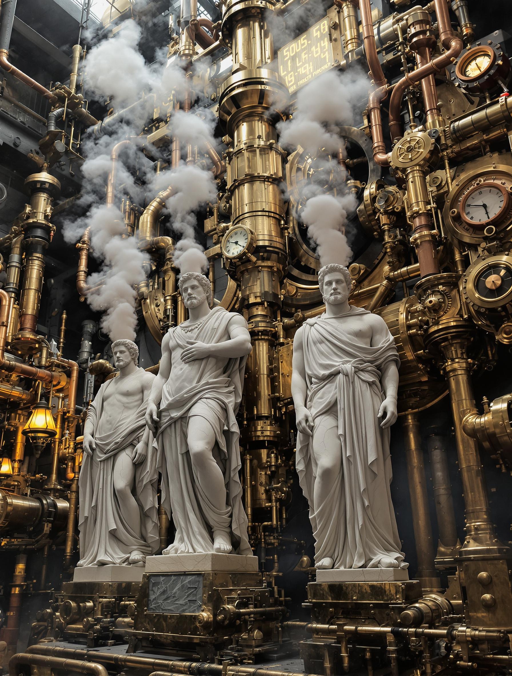 Statues antiques entourées de turbines, ambiance steampunk.