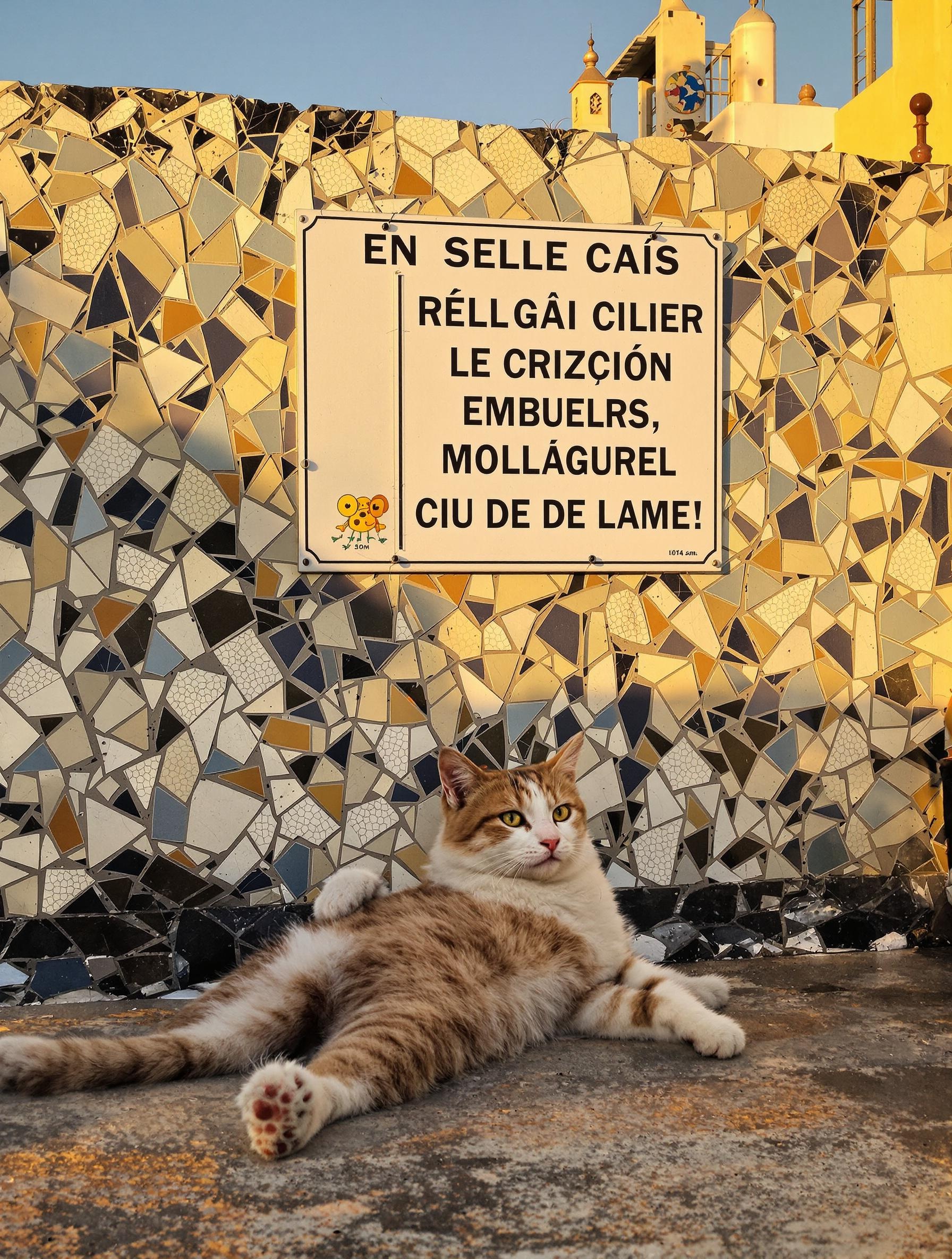 Scène absurde pour street photography à Tanger : chat sur toit mosaïque cassée panneau bilingue
