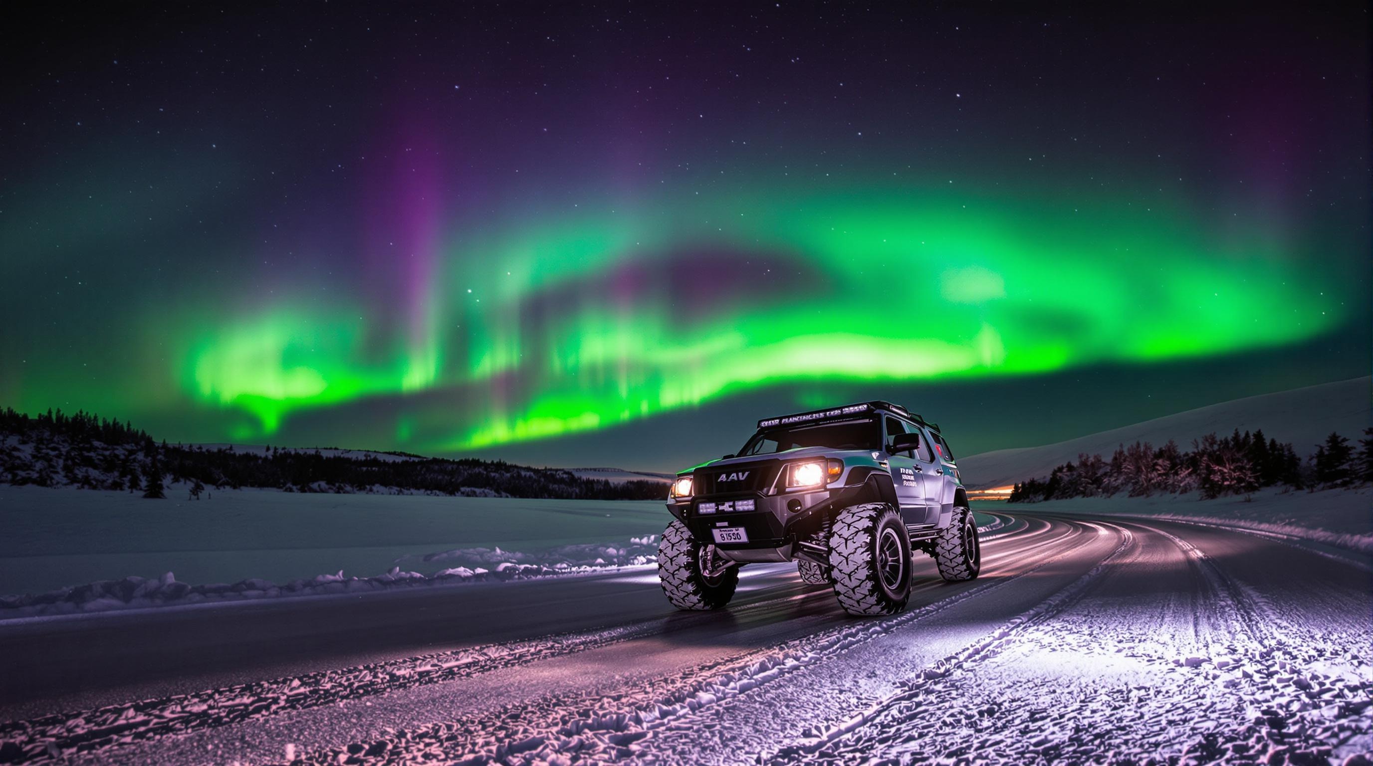 SUV 4x4 pneus cloutés sous aurores boréales route verglacée
