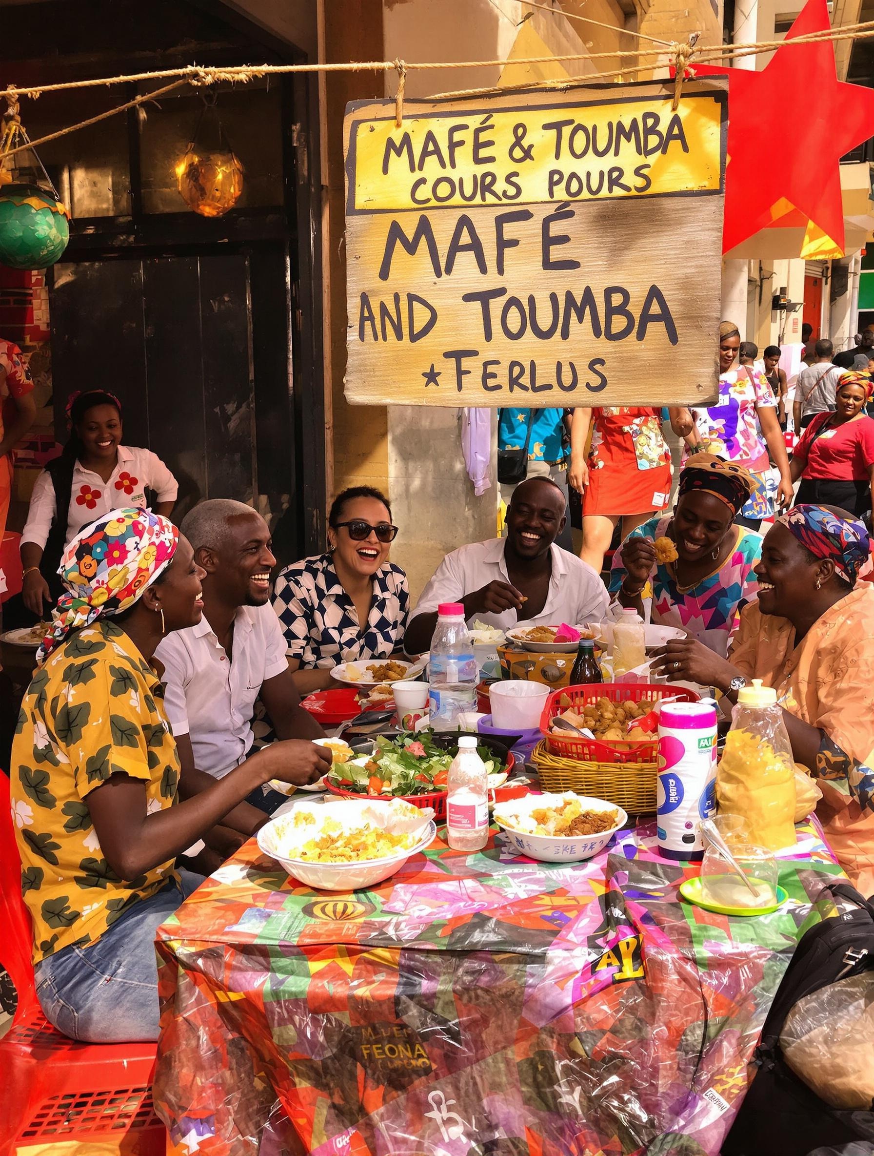 Cantine populaire Dakar, clients rigolant autour d'un mafé