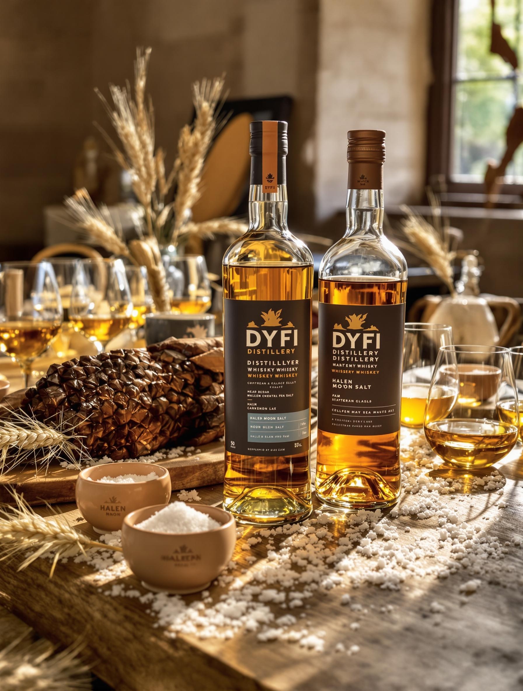 Table rustique avec whisky Dyfi Distillery et sel Halen Môn
