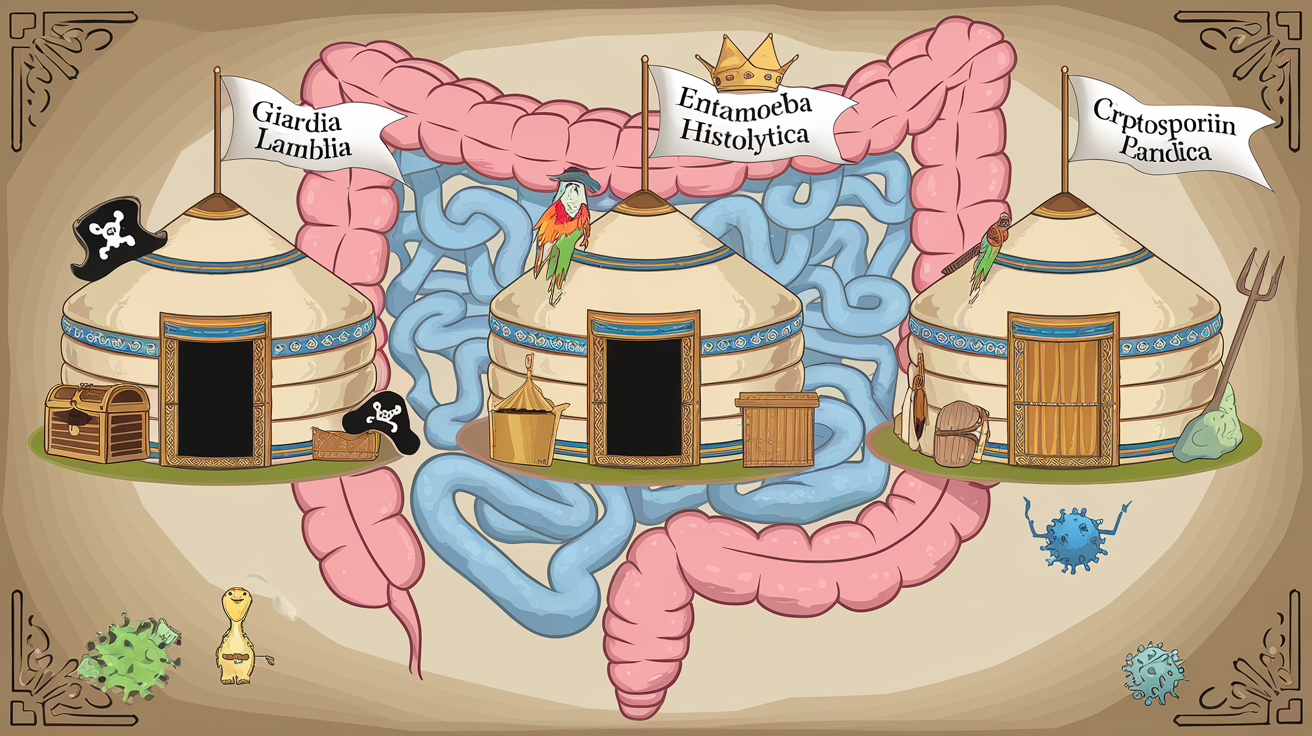 Parasites installés comme des yourtes mongoles sur une carte intestinale