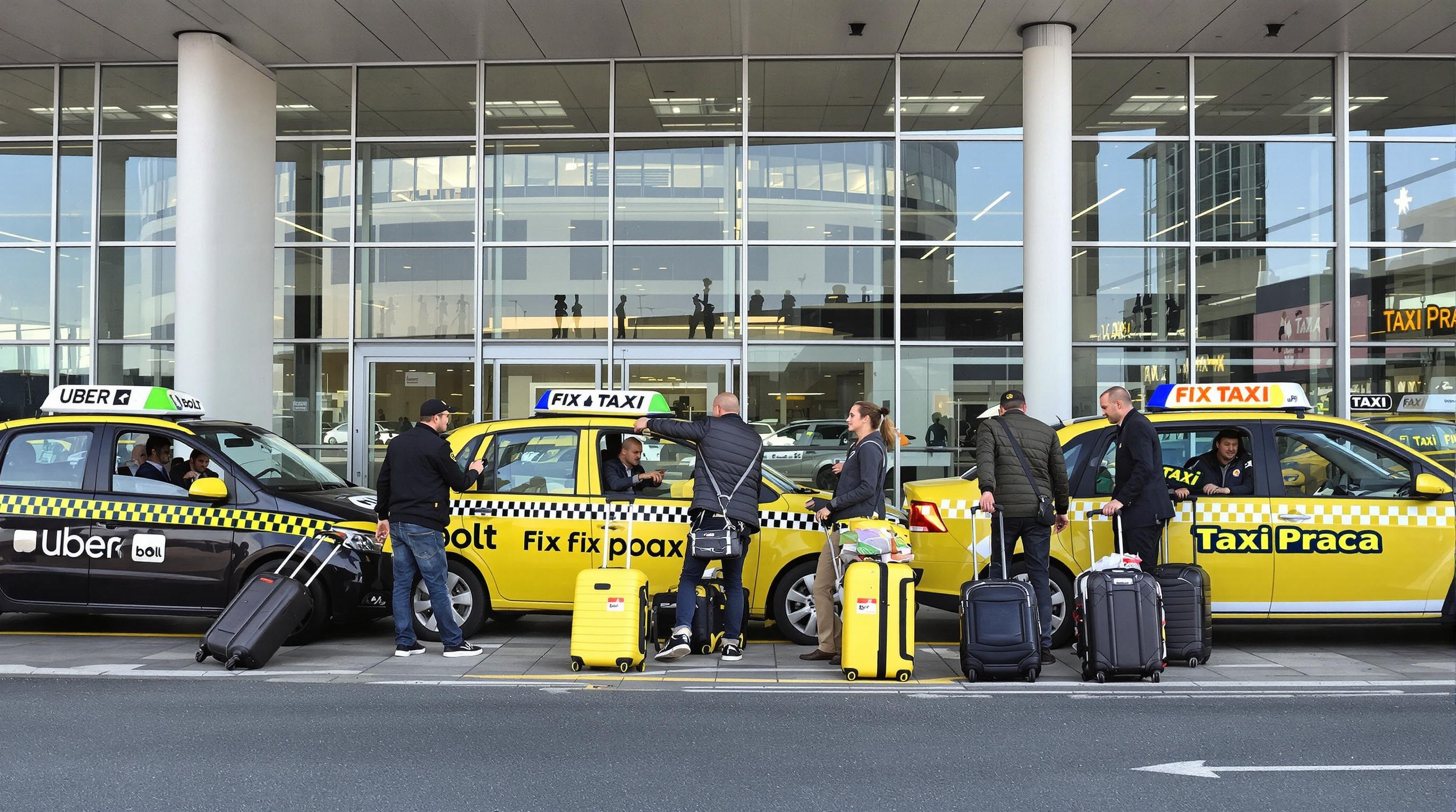 Taxis Uber, Bolt, Fix Taxi et Taxi Praha alignés devant l'aéroport de Prague