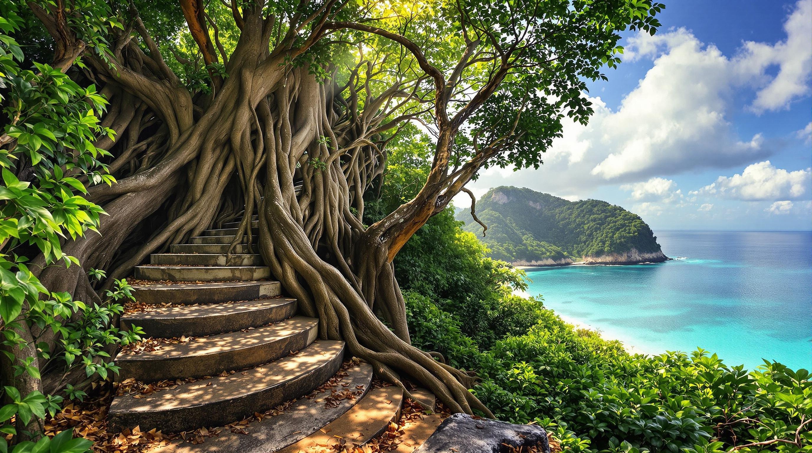 Temple Pemphis Acidula niché dans la jungle de Koh Tao avec vue panoramique sur Mae Haad.