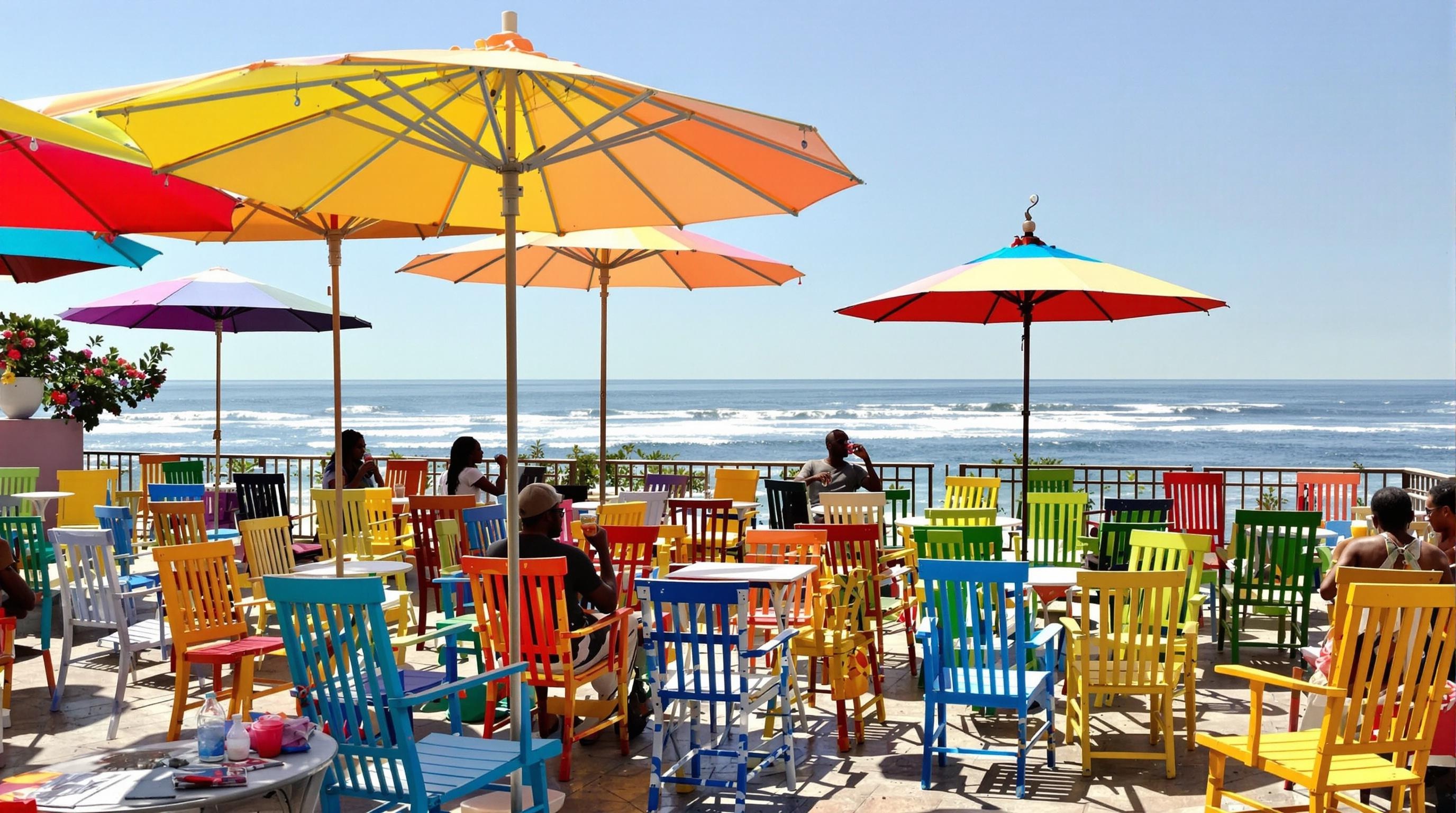 Café terrasse insolite Dakar vue mer parasols colorés clients sirotant bissap