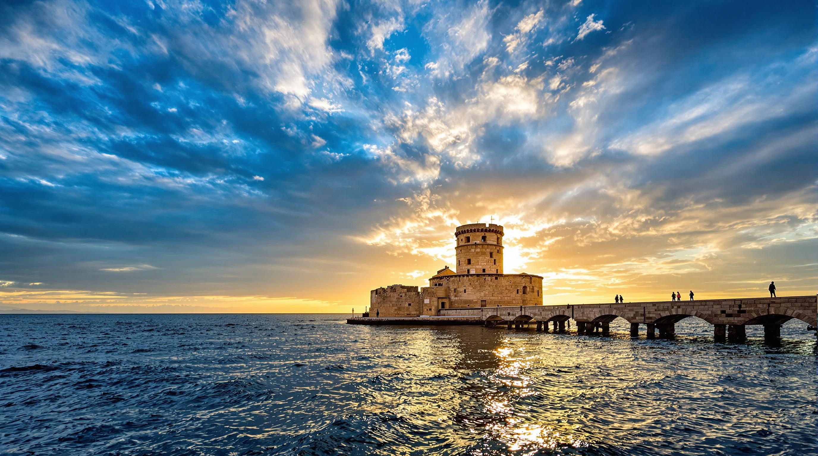 Tour de Ligny à Trapani vue depuis la mer, fin d’après-midi, lumière dramatique, quelques marcheurs sur la jetée, ciel bleu tourmenté