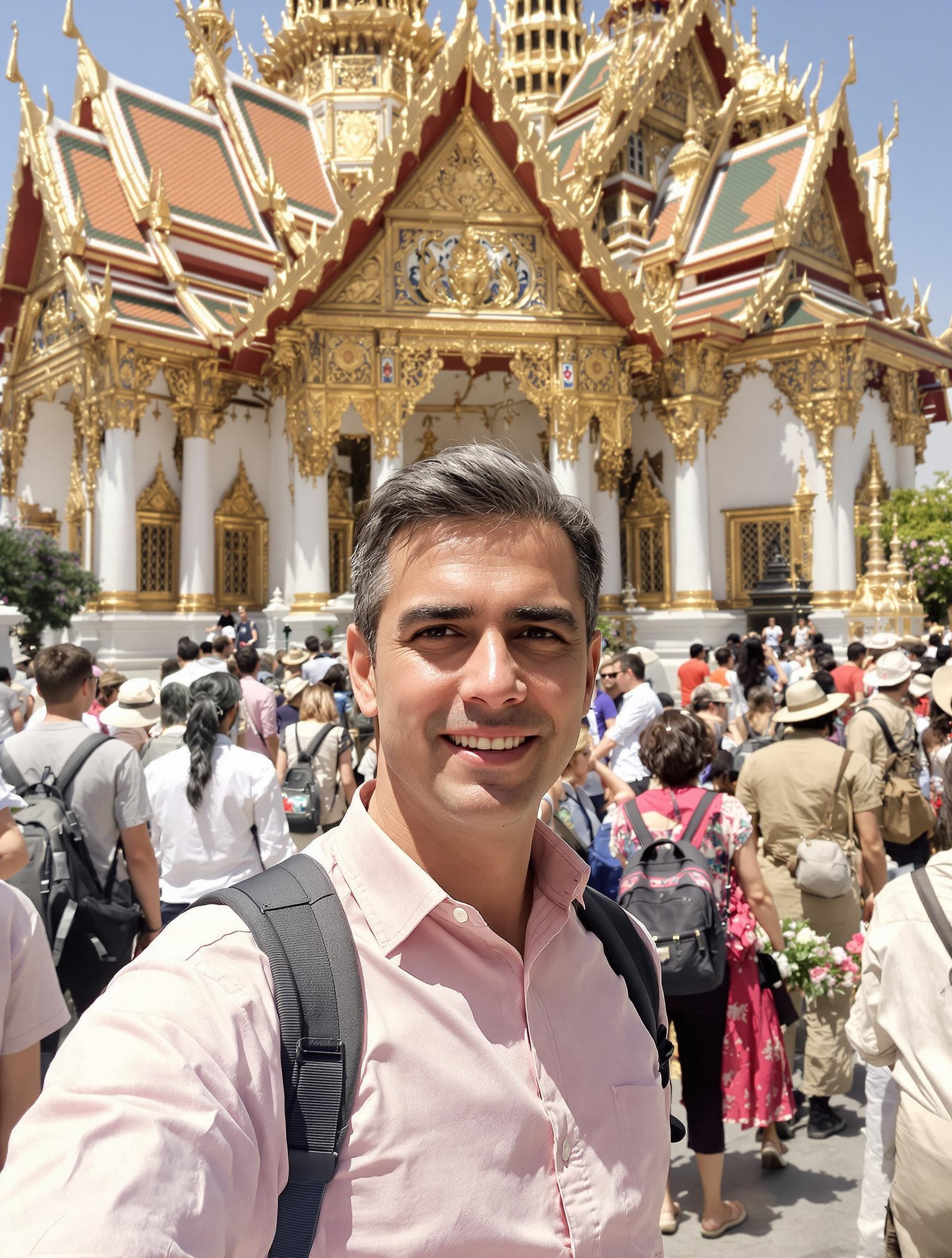 Touriste occidental portant des vêtements pastels et neutres devant le Grand Palais de Bangkok