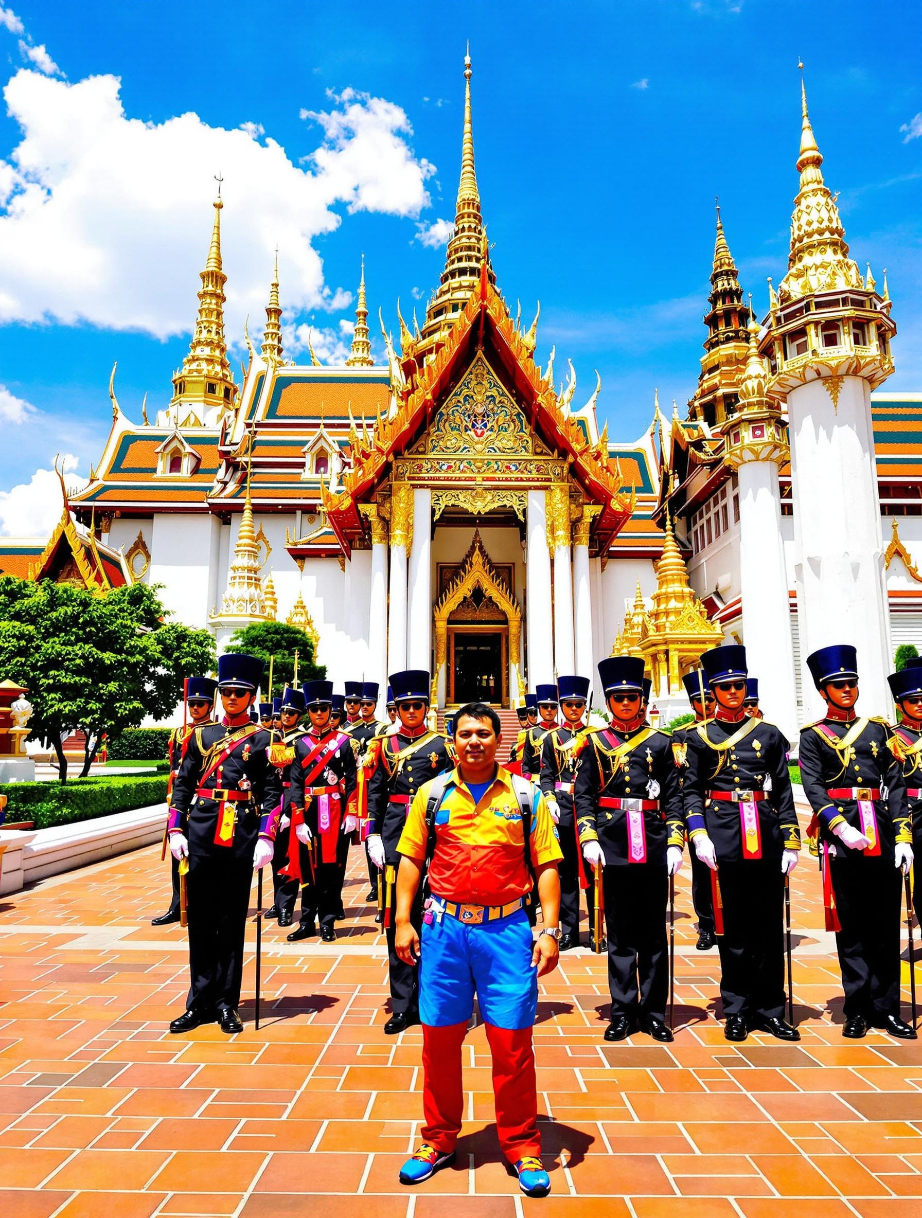 Touriste réfléchissant à la couleur de ses vêtements devant le Grand Palais de Bangkok