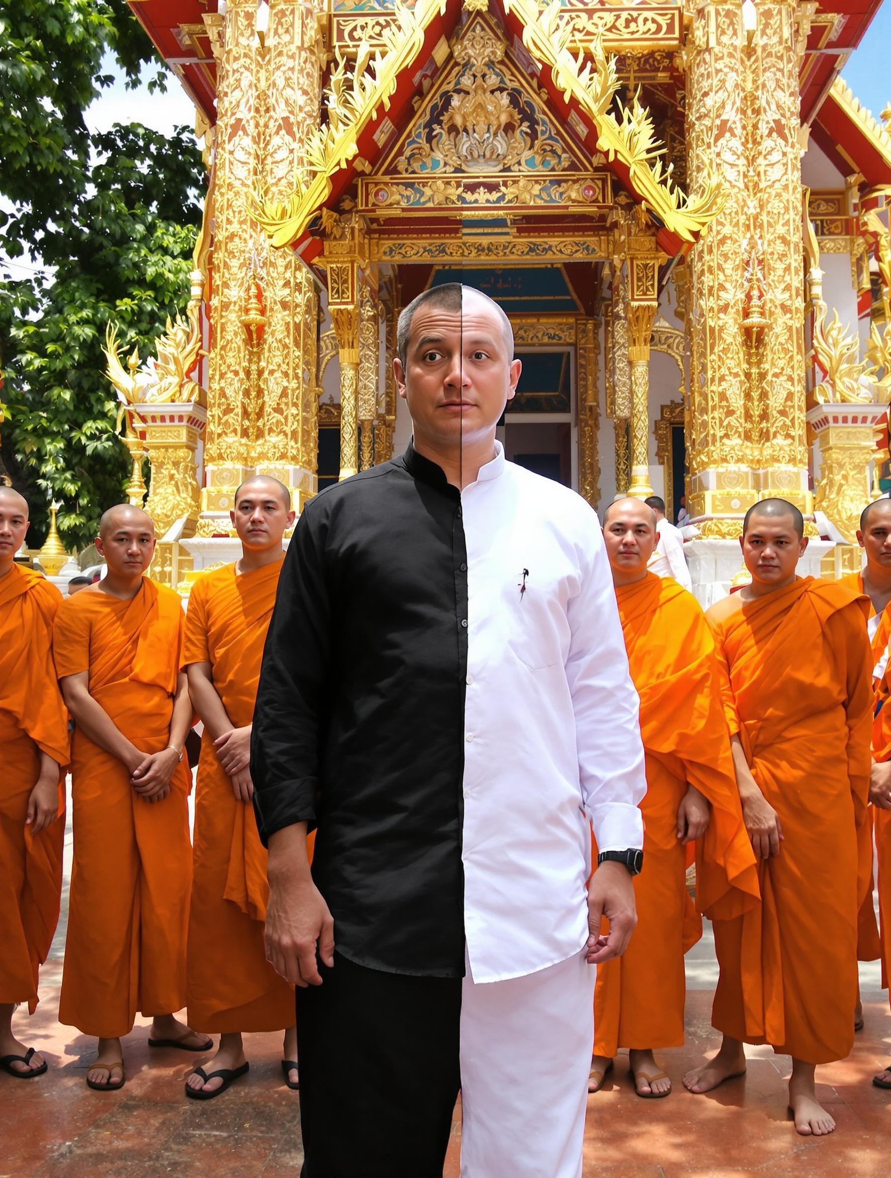 Touriste hésitant entre noir et blanc devant un temple thaïlandais