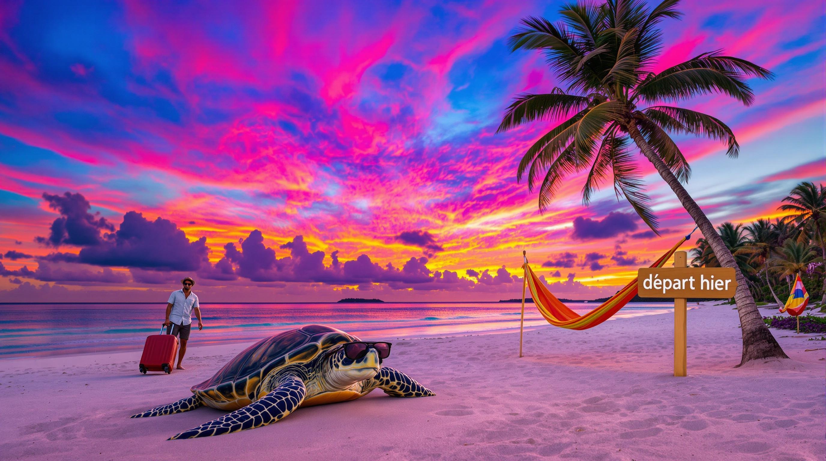 Touriste et tortue sous un coucher de soleil aux îles Gili