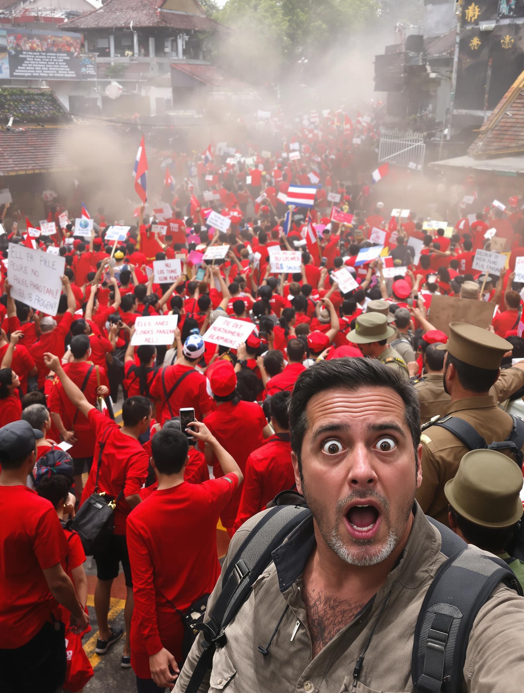 Touriste pris entre des manifestants rouges et verts en Thaïlande