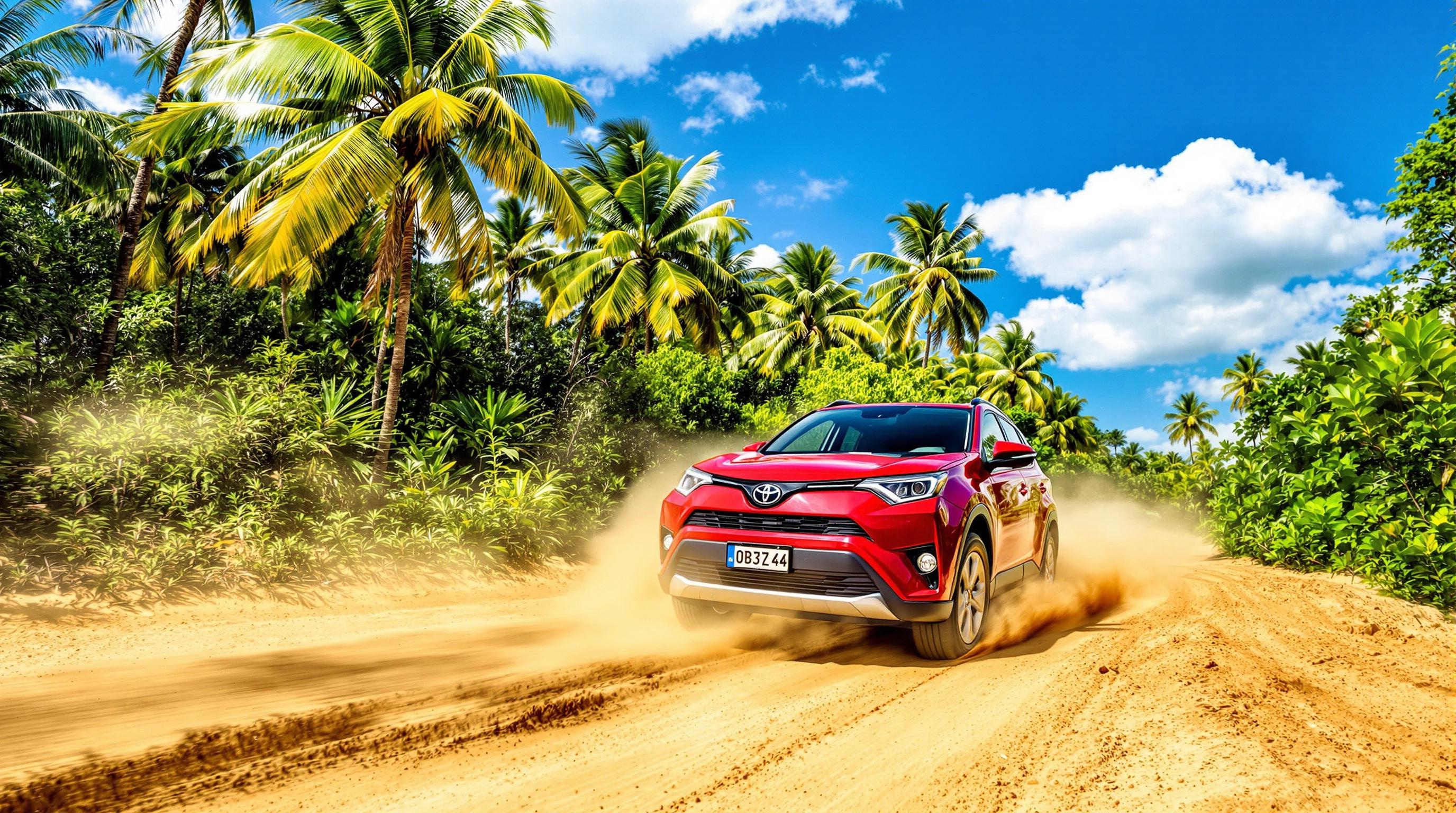 RAV4 rouge face à une piste sablonneuse de Jozani