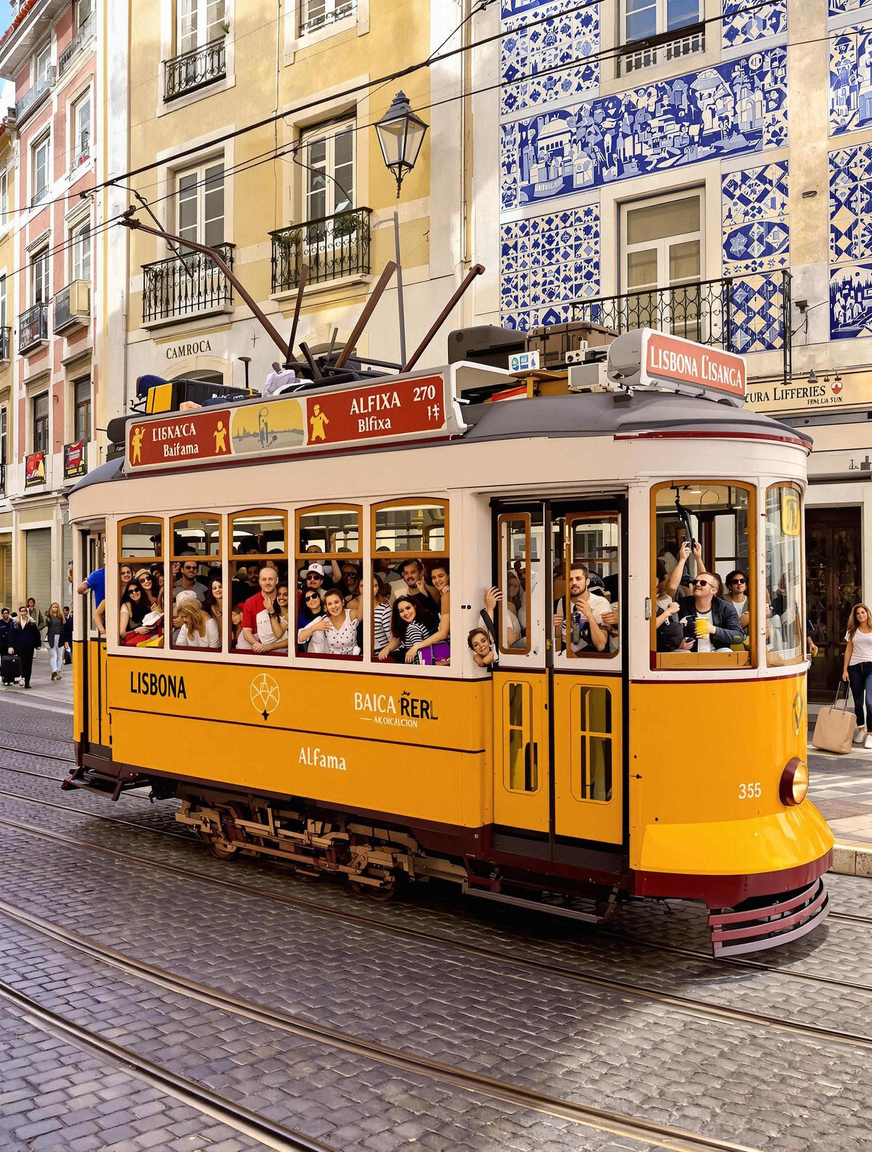 Tramway jaune typique filant entre Baixa et Alfama avec voyageurs et valises