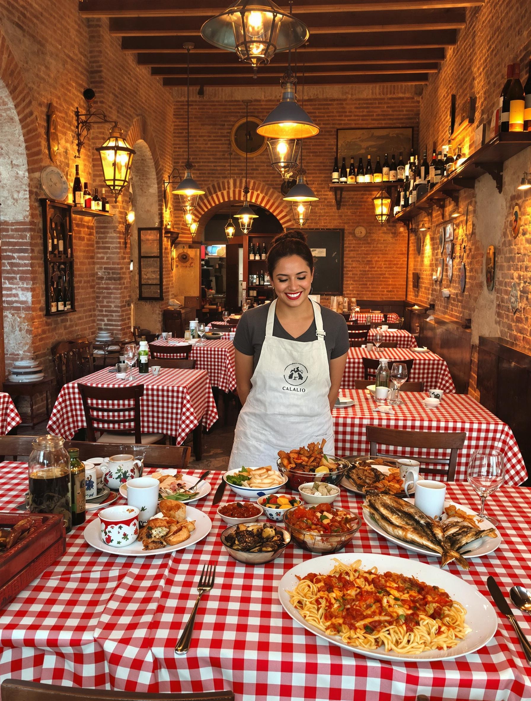 Intérieur chaleureux d’une trattoria traditionnelle à Cefalù