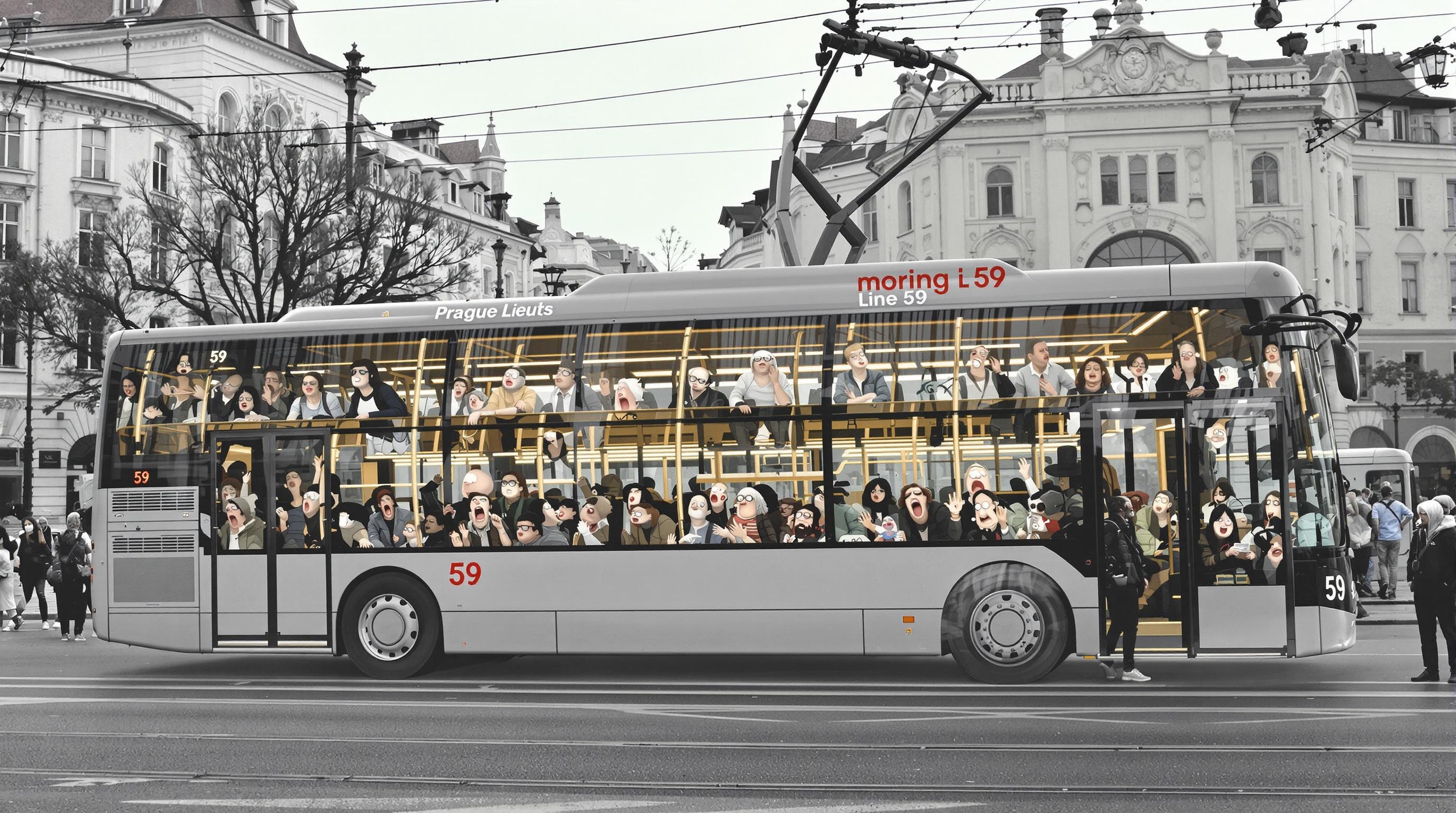 Trolleybus 59 à Prague au petit matin, voyageurs locaux, style absurde
