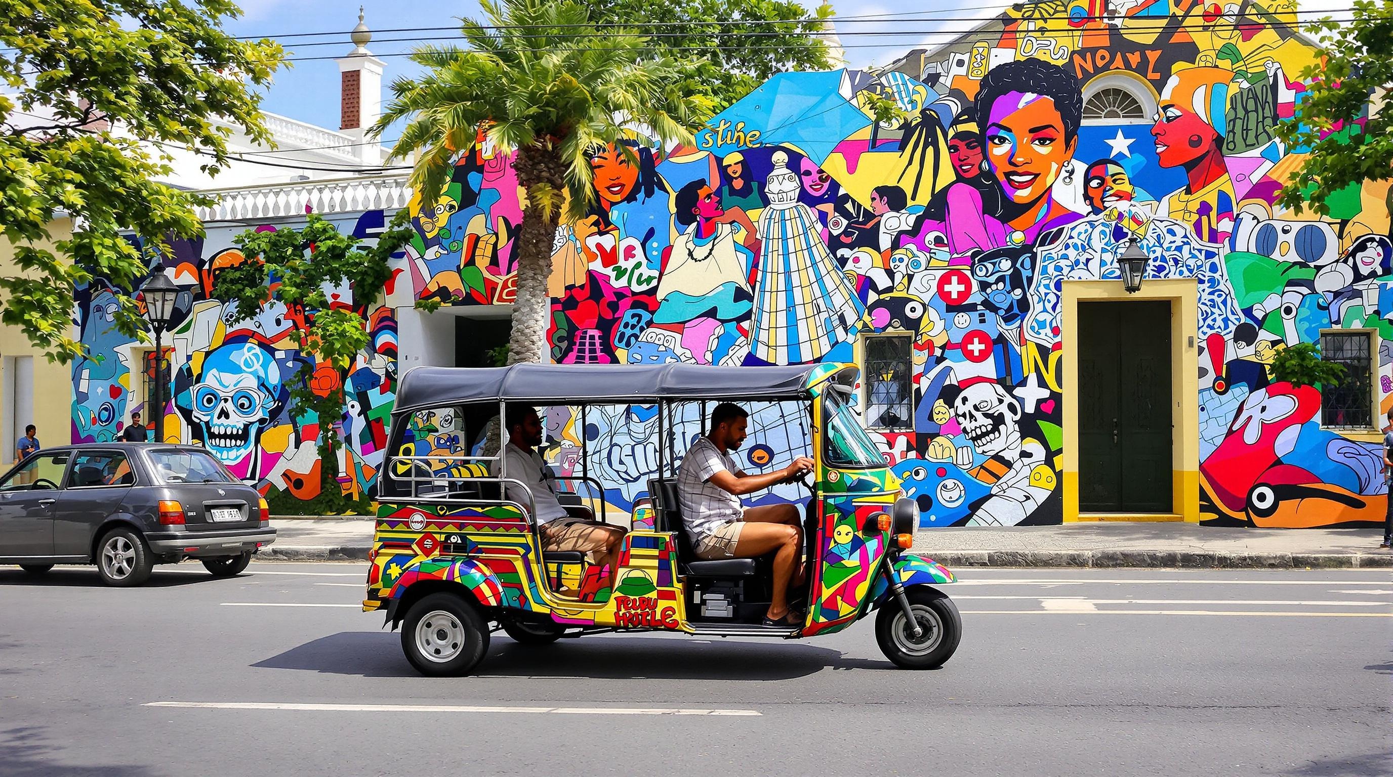 Tuk-tuk électrique coloré traversant la Place de la Victoire à Pointe-à-Pitre.