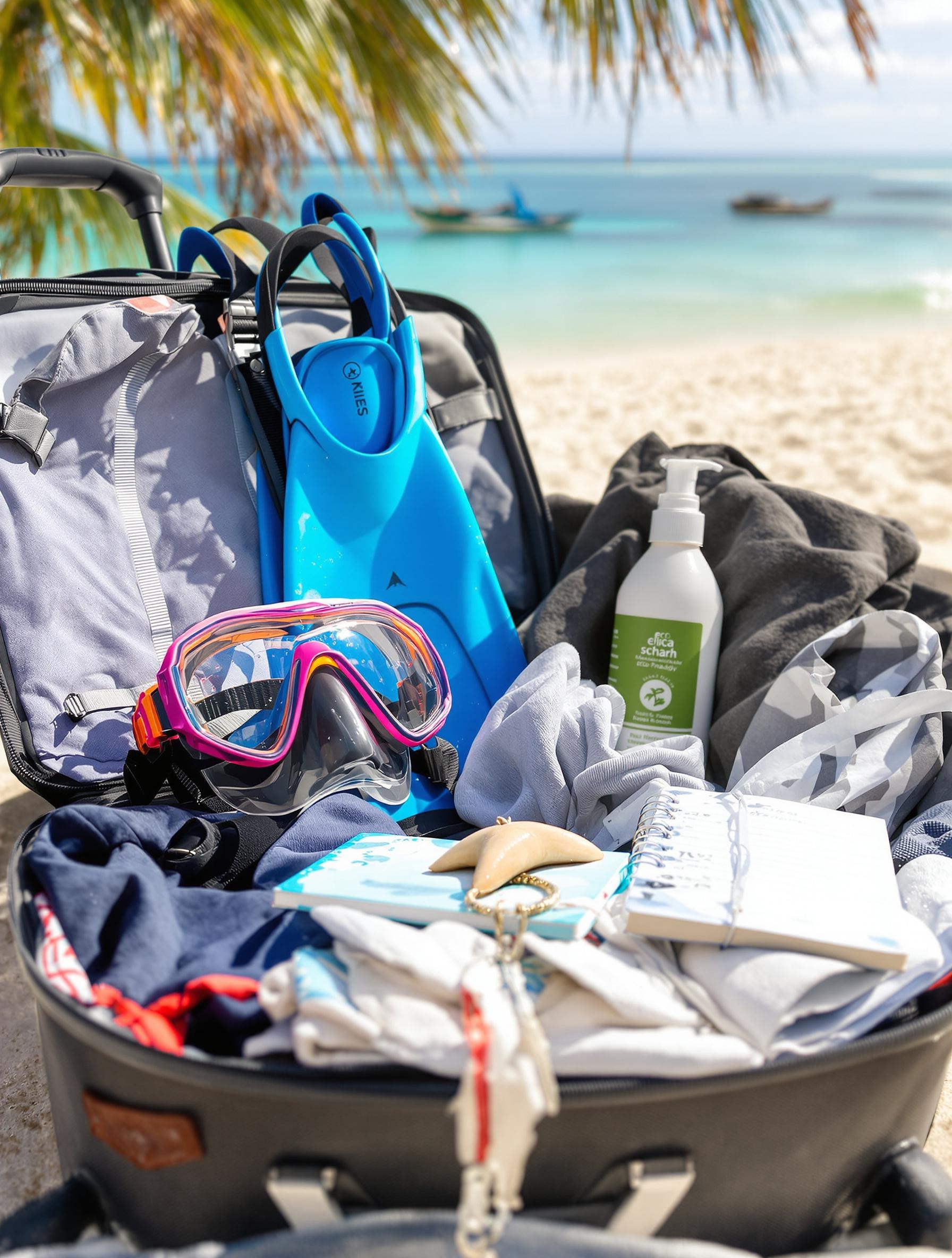 Valise ouverte sur une plage à Zanzibar avec équipement pour observer les requins