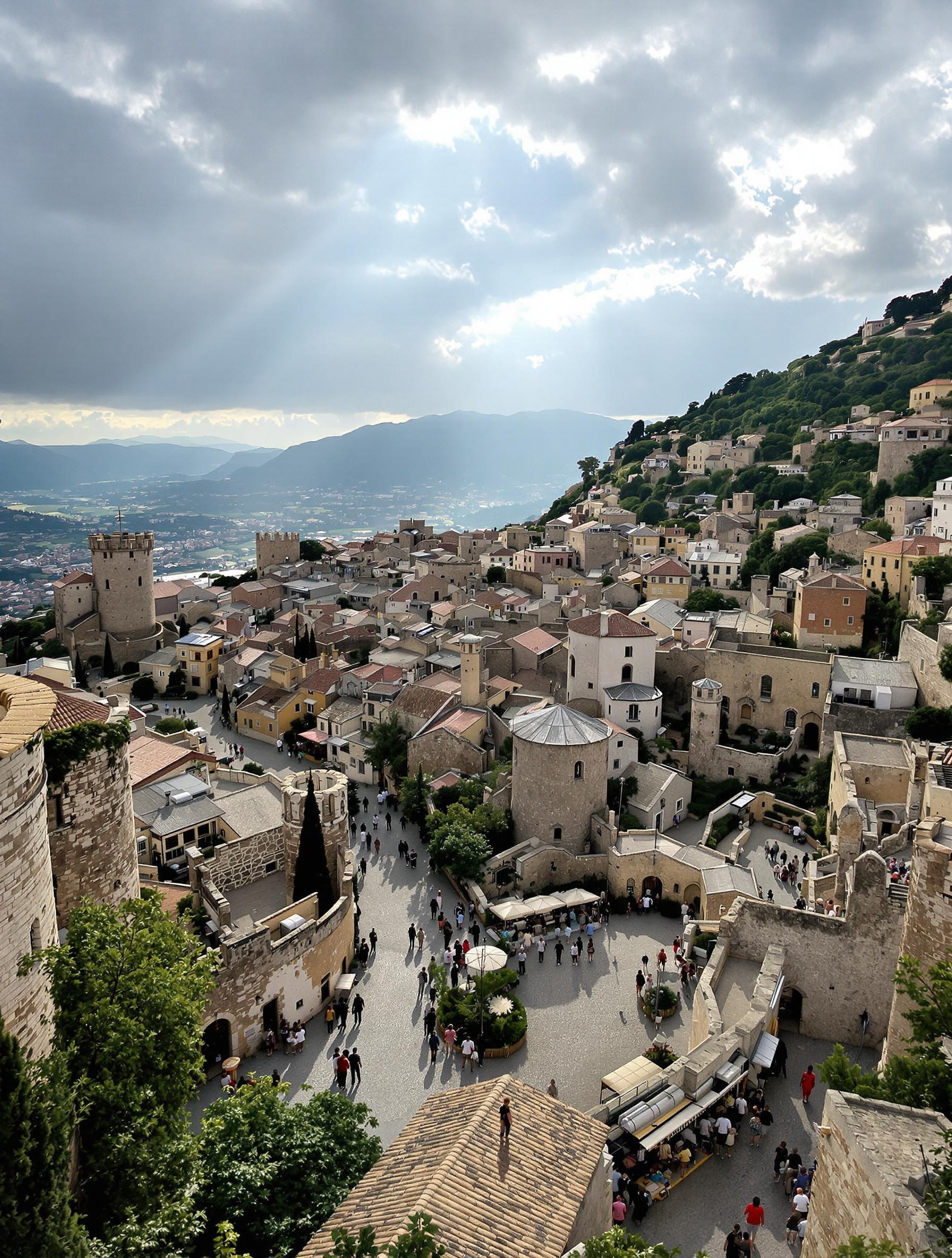 Village médiéval d’Erice vu depuis la funivia, ruelles pavées sinueuses, tours historiques, ciel nuageux et touristes explorant le village.
