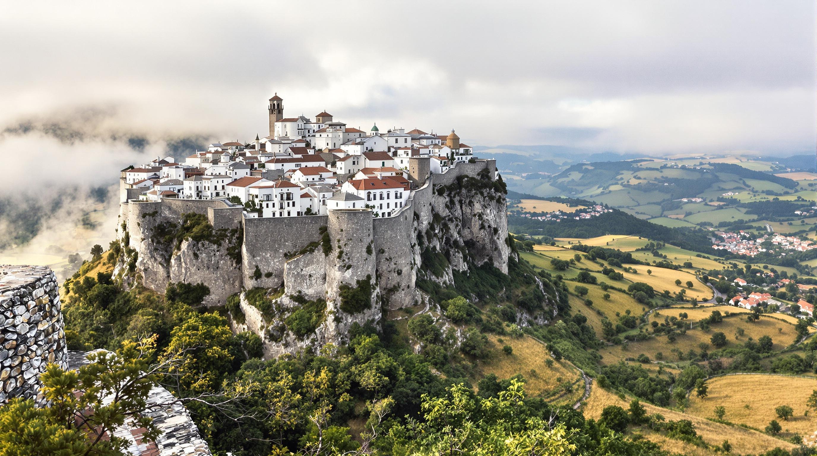 Village de Marvão au petit matin, entouré de brume et de murailles