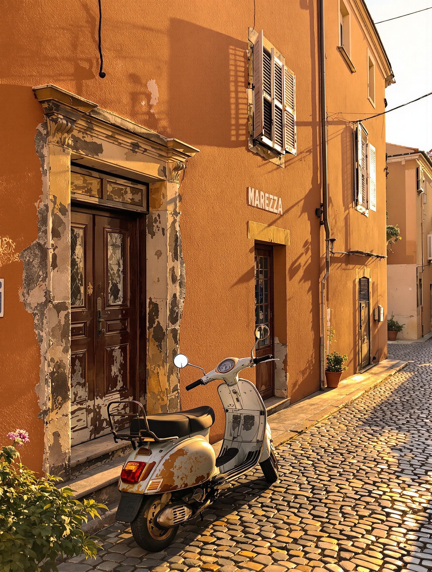 Village sicilien typique désert, vespa rouillée, lumière du soir