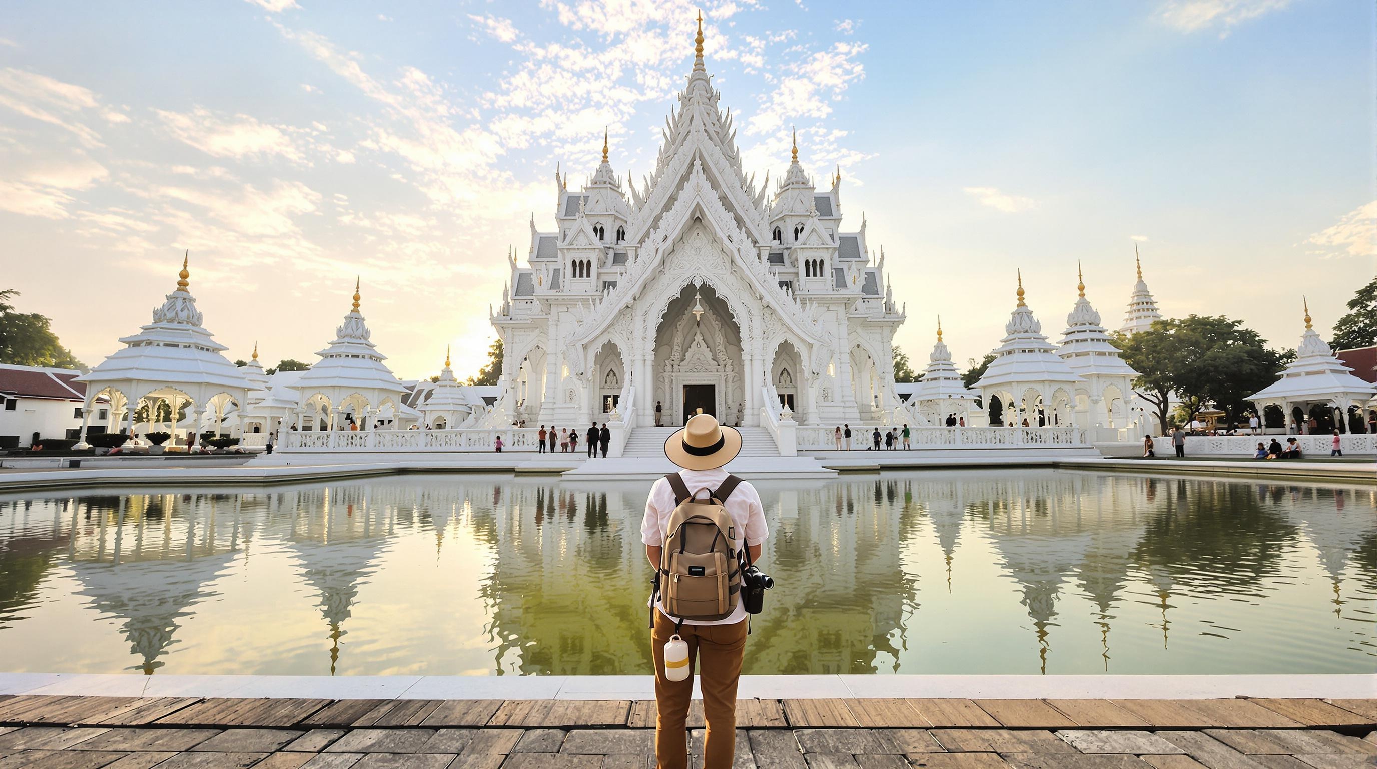 Visiteur solitaire au lever du soleil au Wat Rong Khun