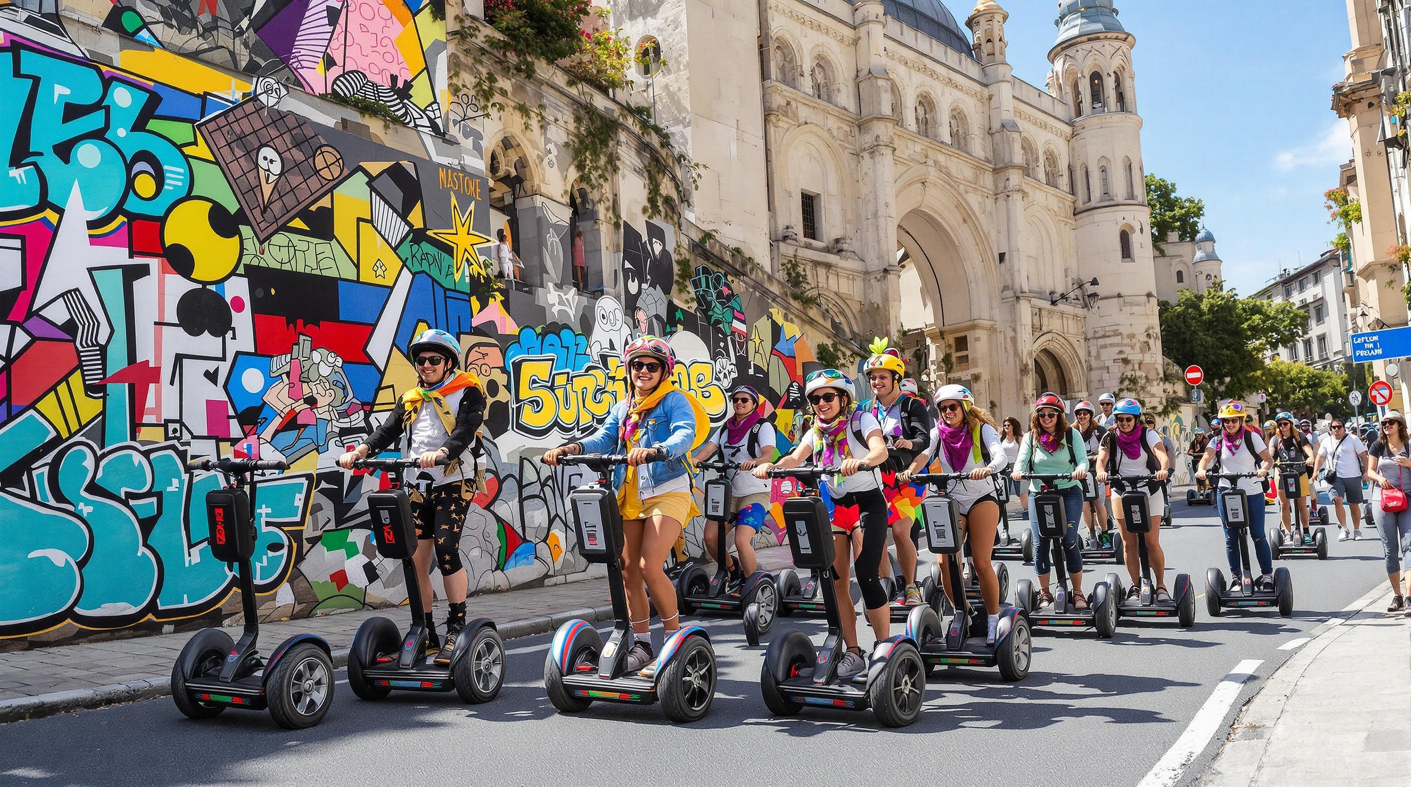 Touristes en segway et trottinettes dans les pentes de la Croix-Rousse