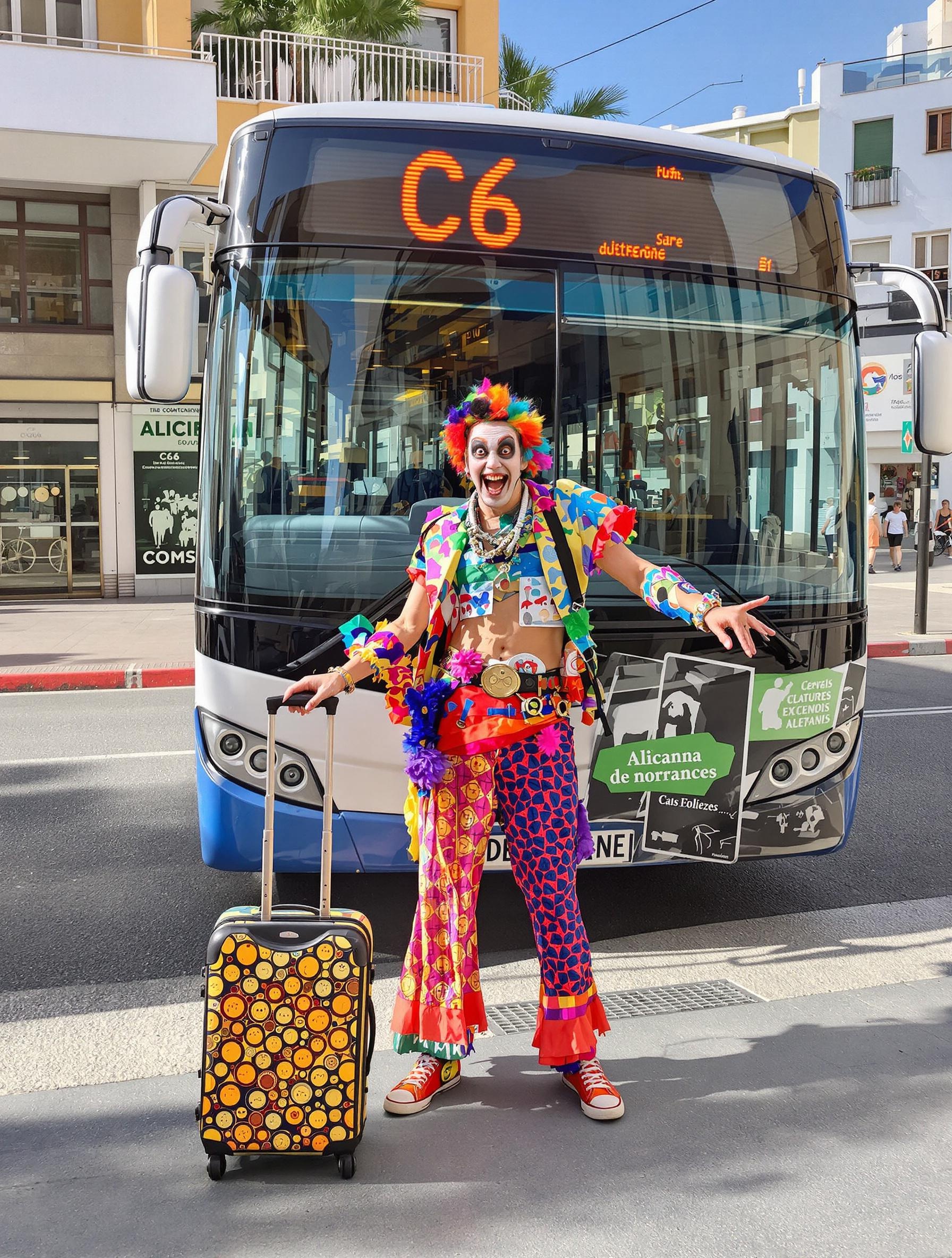 Voyageur excentrique dansant la sardane devant le bus C6 à Alicante, avec une valise bariolée.