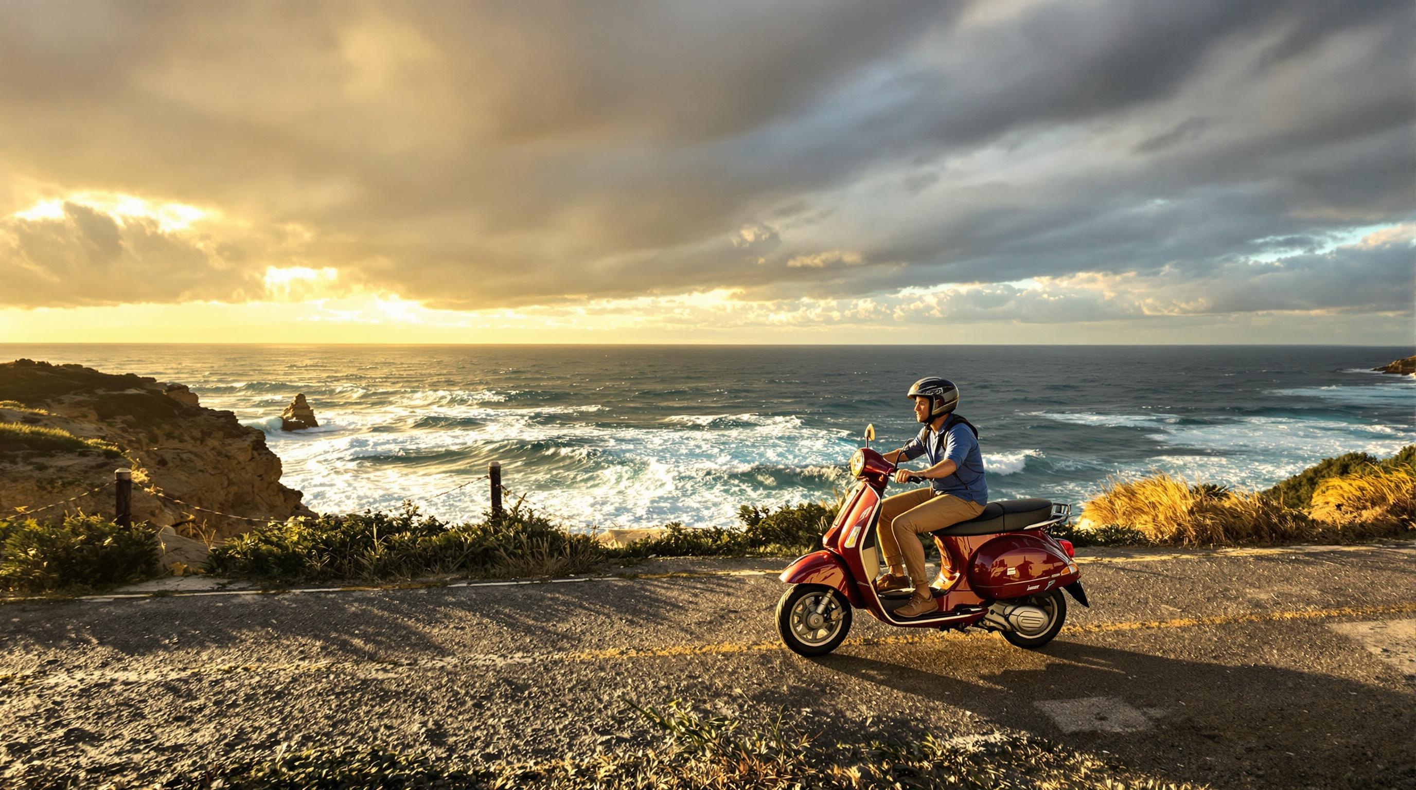 Voyageur sur une Vespa vintage, route côtière sauvage Sicile