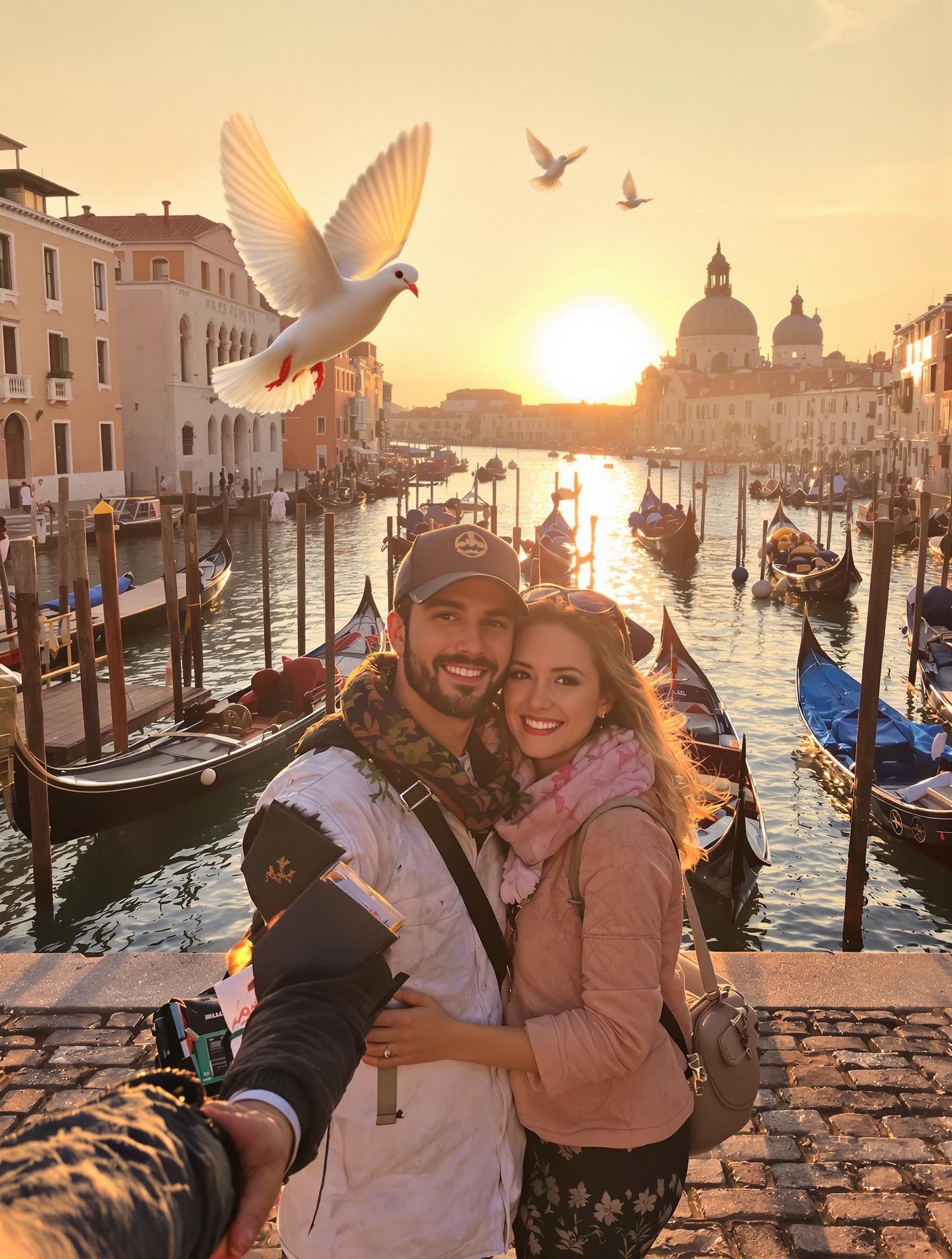 Un couple enlacé à Venise sous un coucher de soleil doré.