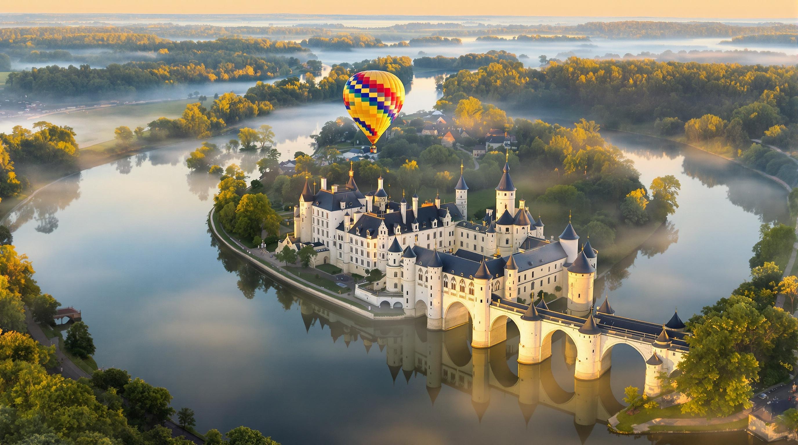 Vue aérienne du château de Chenonceau au lever du soleil avec une montgolfière dans la brume.