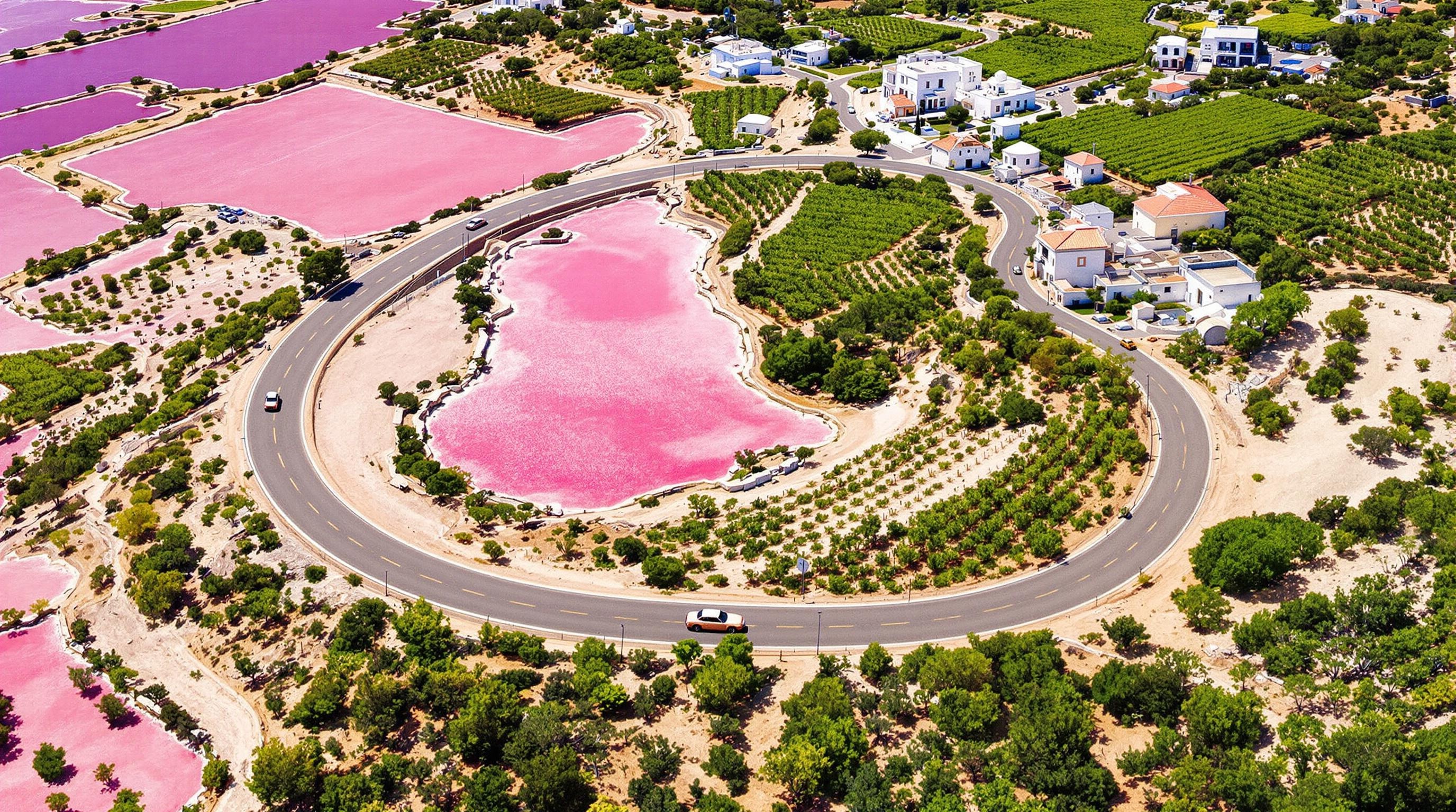 Vue aérienne de la route SP 21 entre Trapani et Marsala, serpente entre salines roses, vignobles, et villages blancs, quelques voitures anciennes sur la route.