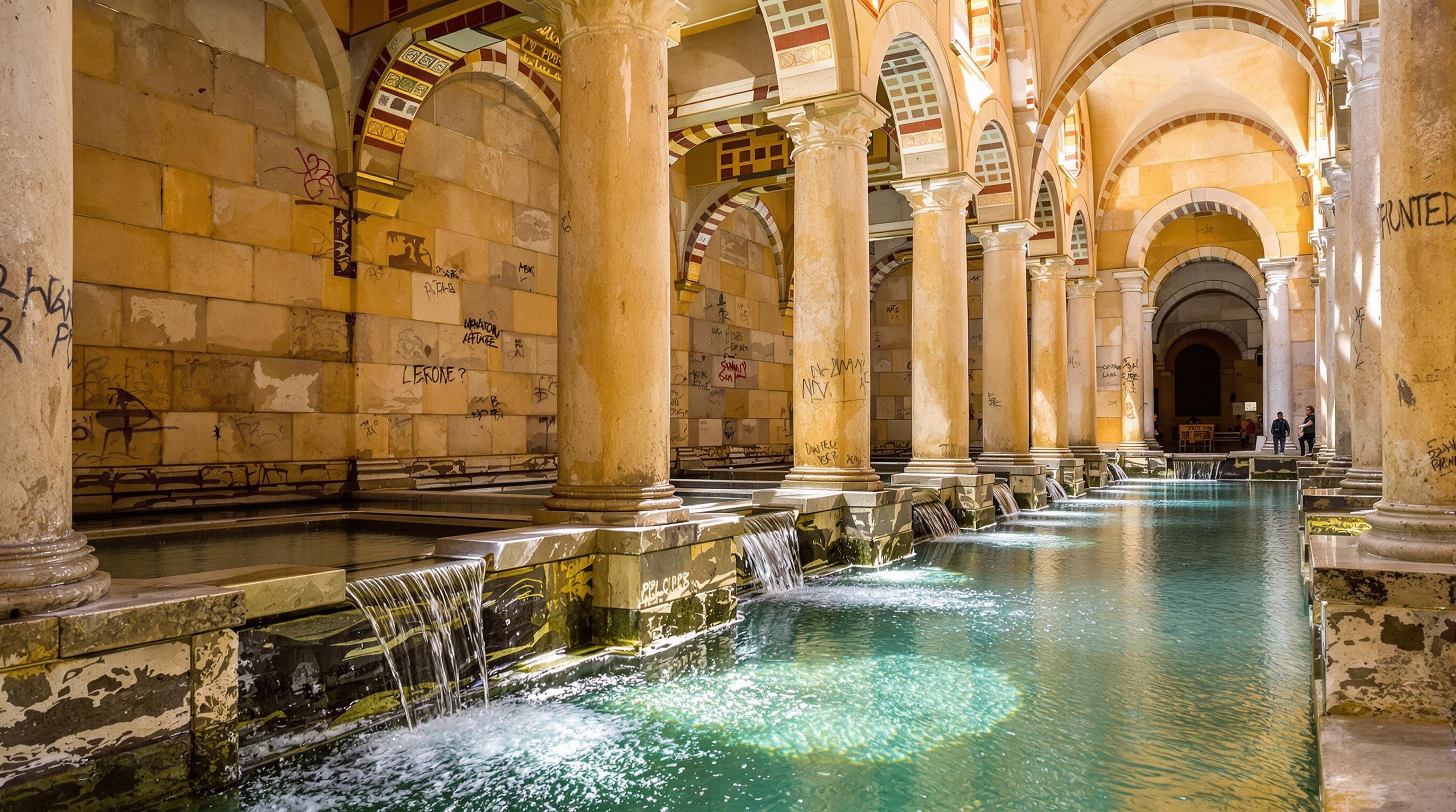 Vue large du Lavatoio Medival de Cefalù avec ses colonnes et l’eau ruisselante