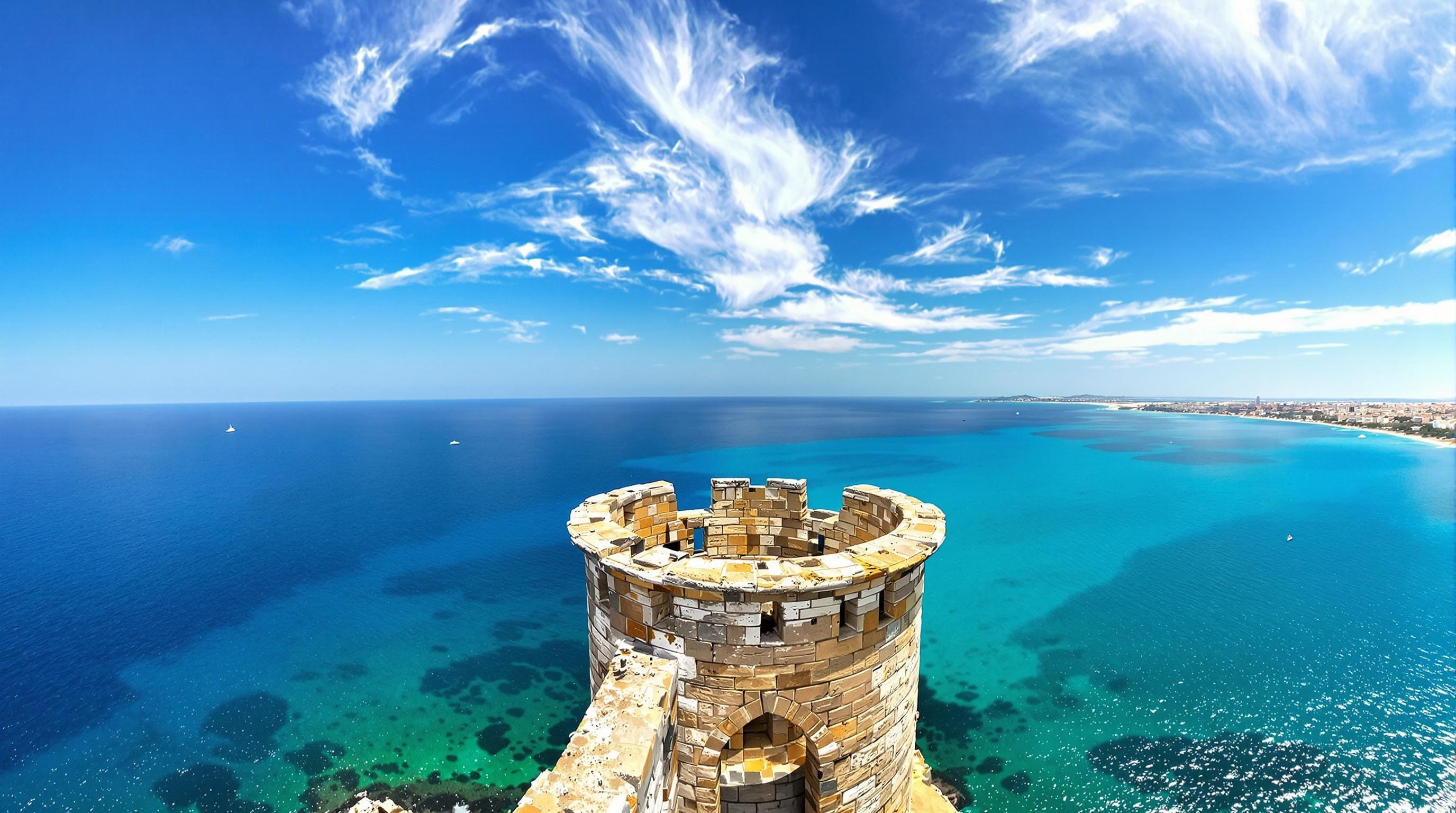 Vue panoramique depuis la Tour de Ligny à Trapani, entourée de la mer turquoise et du ciel sicilien