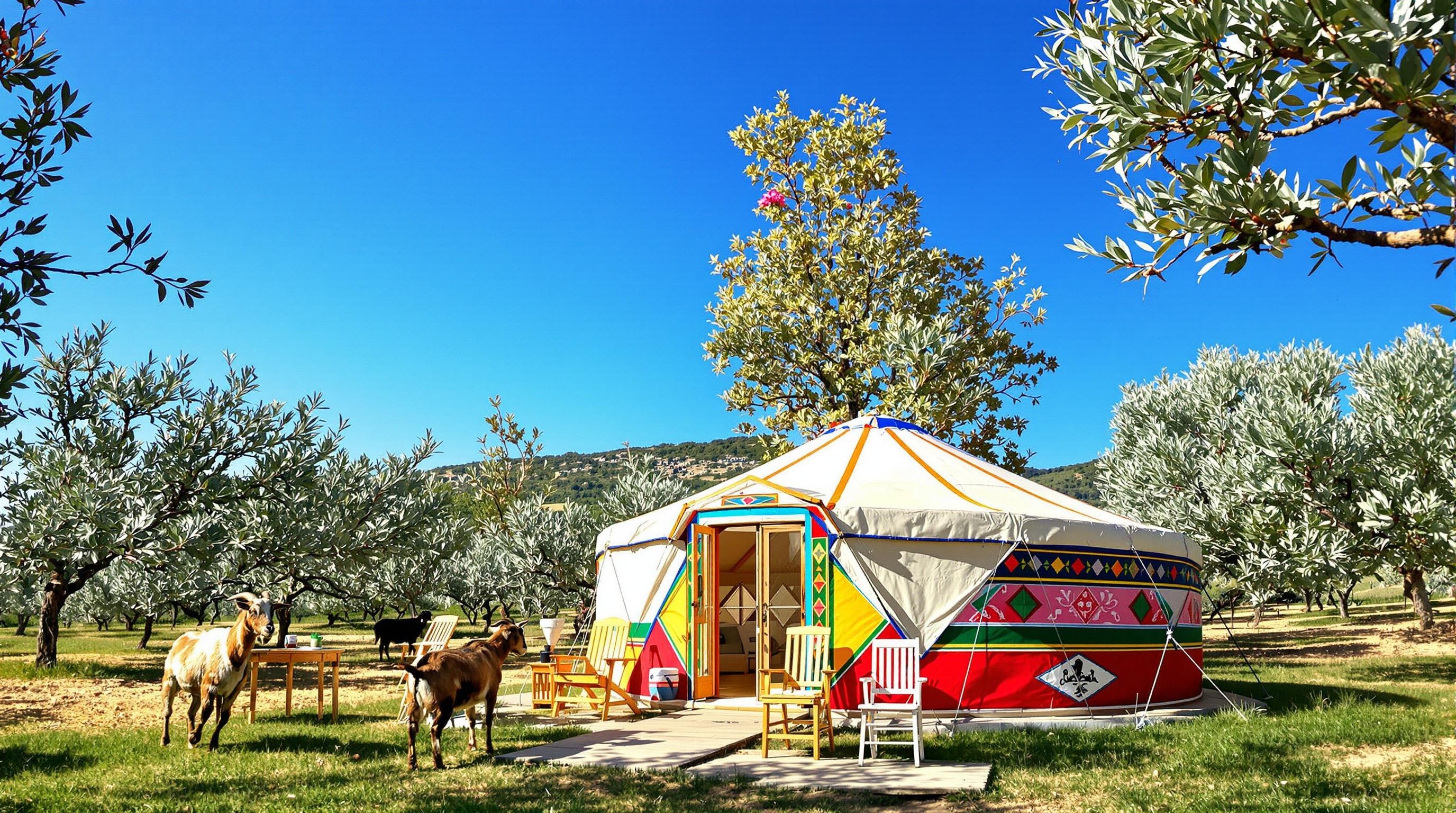 Yourte mongole Corfou oliveraie chèvres
