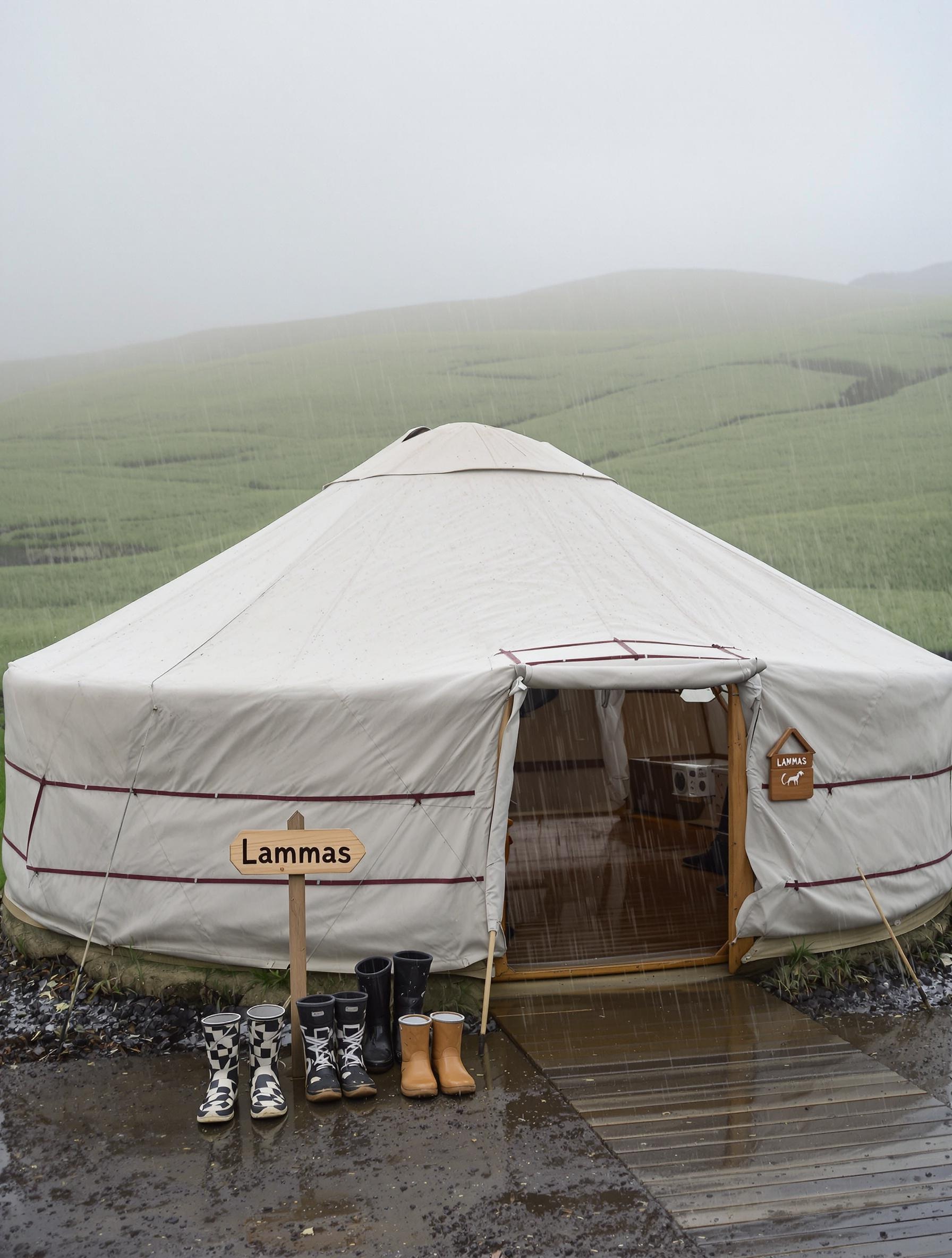 Yourte sous la pluie devant ferme Lammas avec bottes boueuses